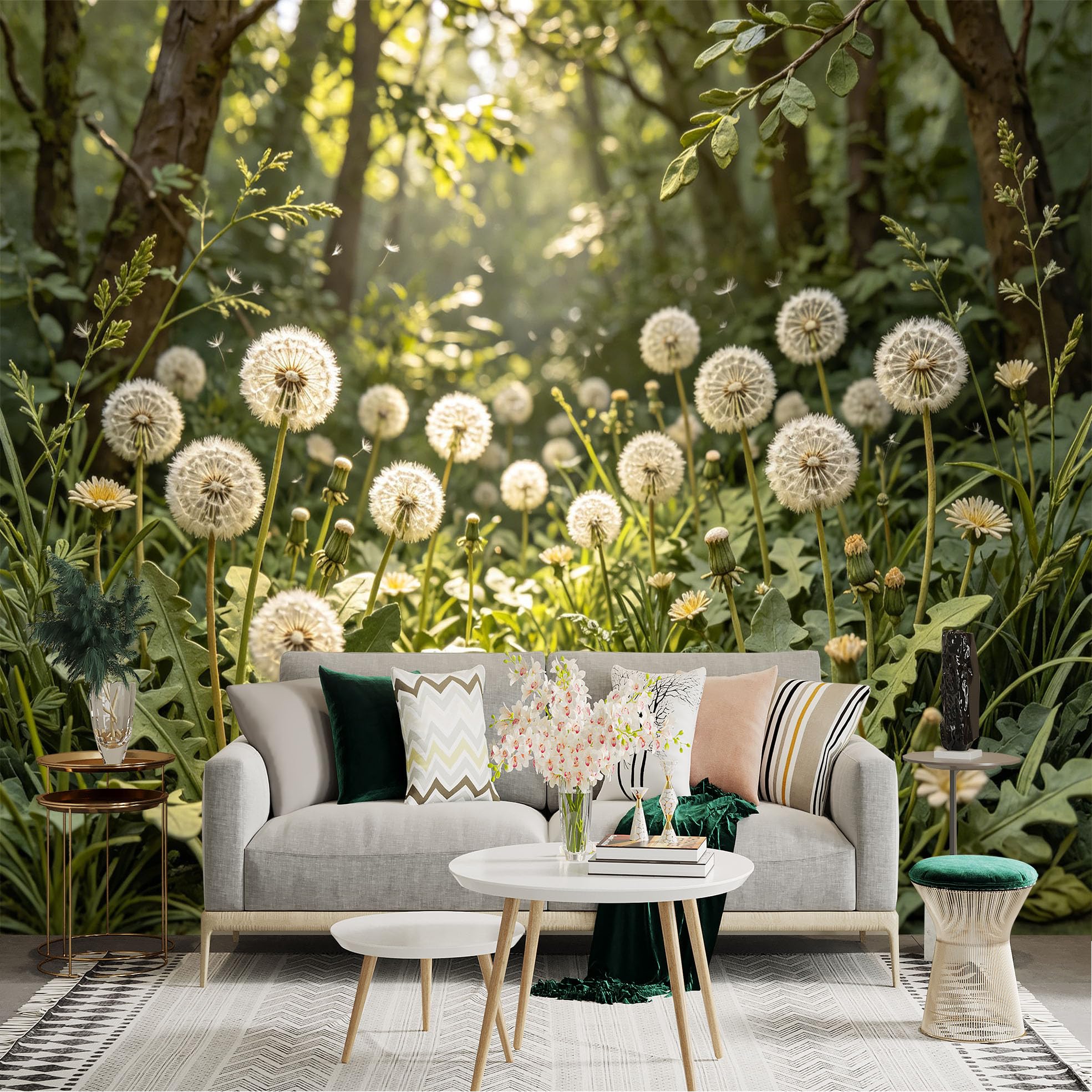 Custom Size Wall Sticker Mural， Fluffy Dandelions in Sunlit Forest， Spring Meadow Flora， Botanical Nature Scene， for wall Decoration， peelandstick wall Decals.