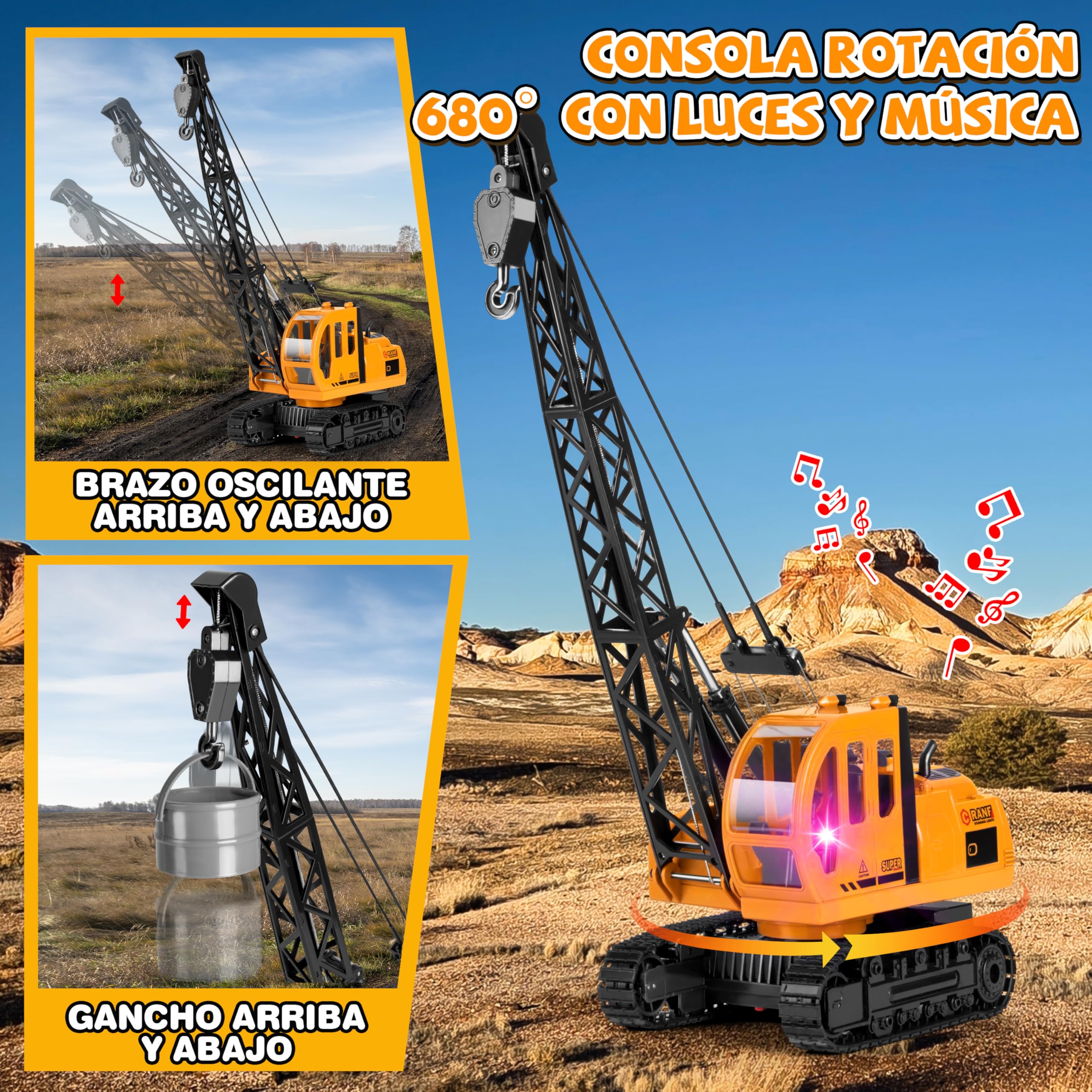 Joellfuner 1:14 Grúa de Juguete, 2,4G Grúa Teledirigida con Luces y Sonidos Realistas, Gruas de Juguete para Niños con 2 Herramientas, Regalo para Niños de 3 a 12 Años (Extra Grande)