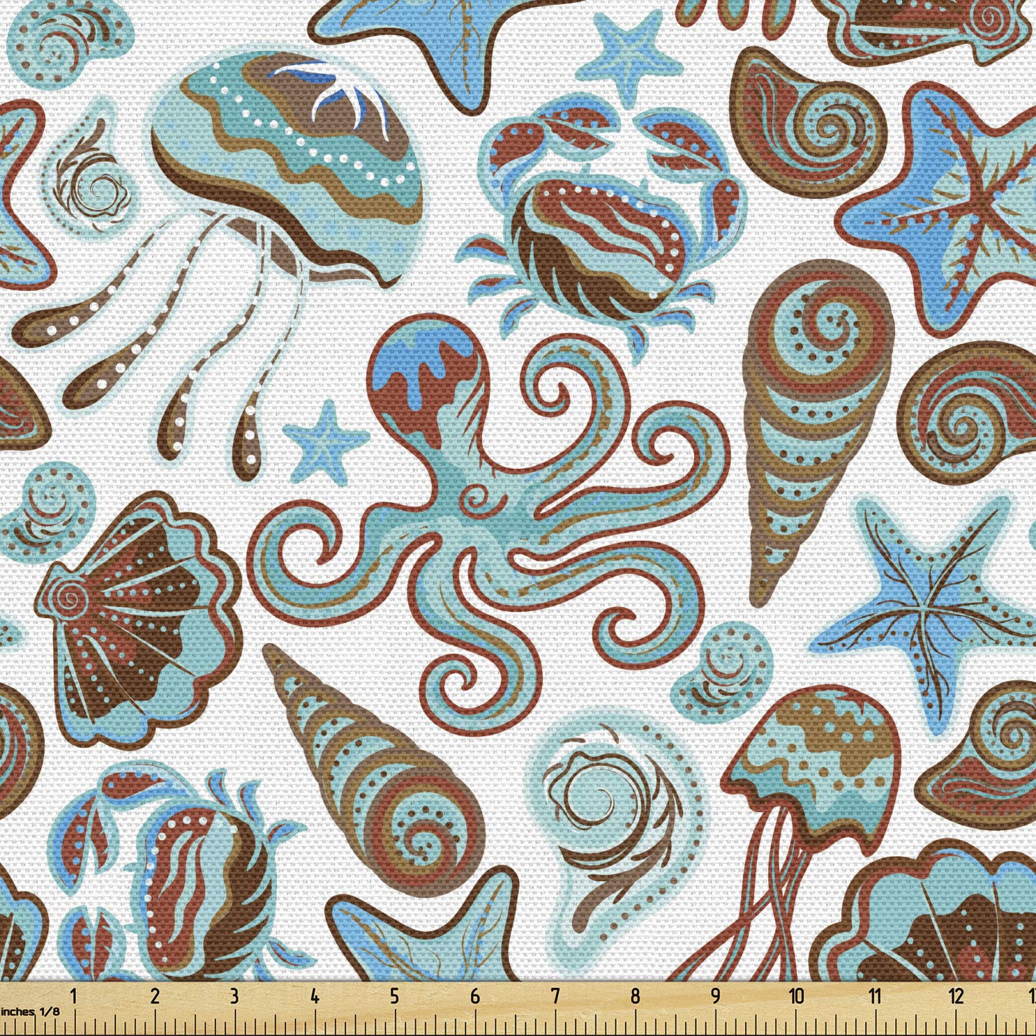 Ambesonne Crabs Fabric by The Yard, Illustration of Sea Life Crabs Octopus Shells Starfish and Medusa Marine Print, Decorative Fabric for Upholstery and Home Accents, 2 Yards, Turquoise Brown