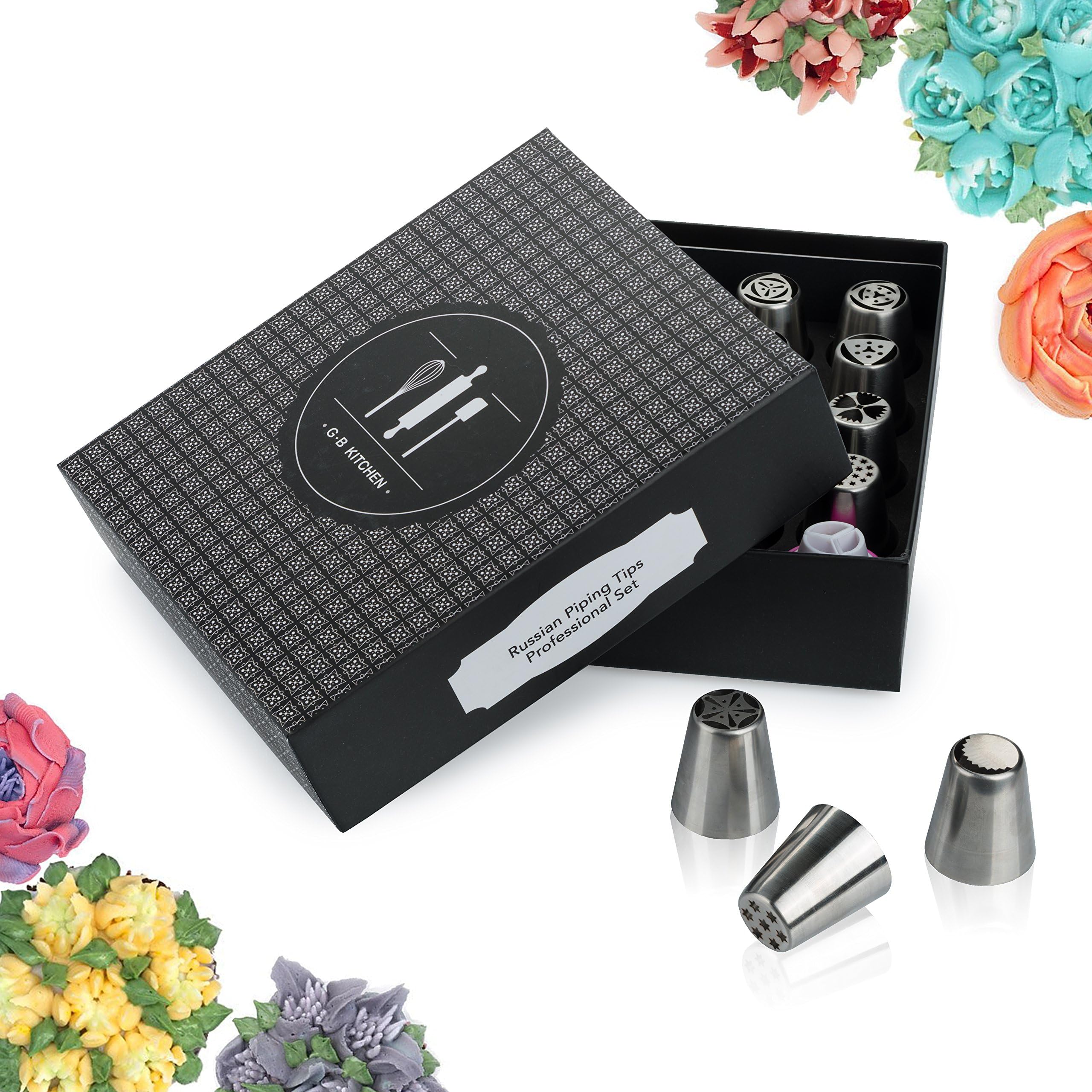 Russian piping tips set for cake decoration supplies - PREMIUM stainless steel 35 frosting flowers tip kit, DELUXE tulip cupcake decirating +bag -Bonus GIFT PACKAGE,Buttercream EBook,online videos >>