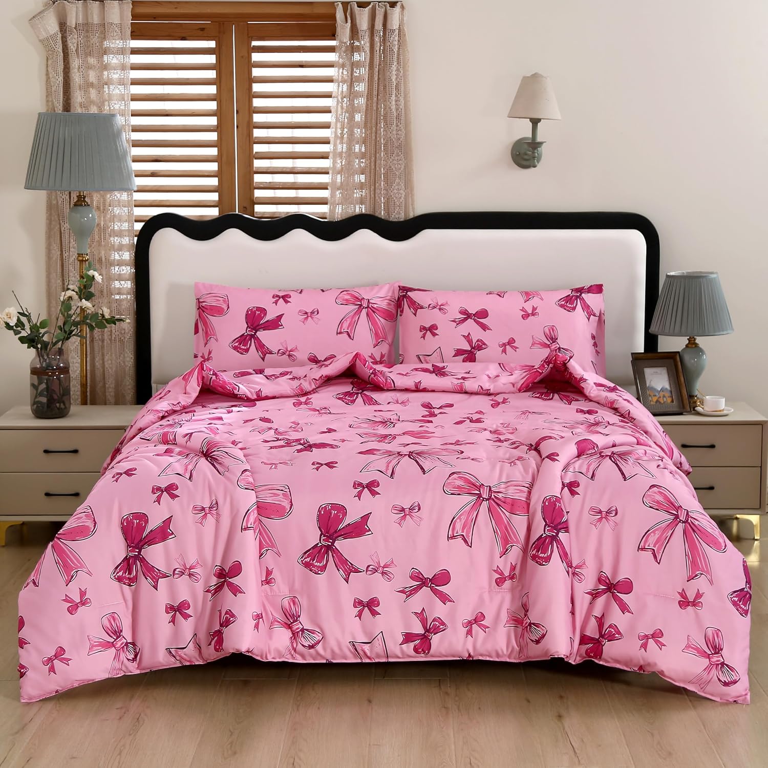 SDIII 3PCS Pink Bow Comforter Set Queen, Soft and Breathable Microfiber Lightweight Comforter Bows, Pink Bow Queen Bedding Set for Girls Kids Teens