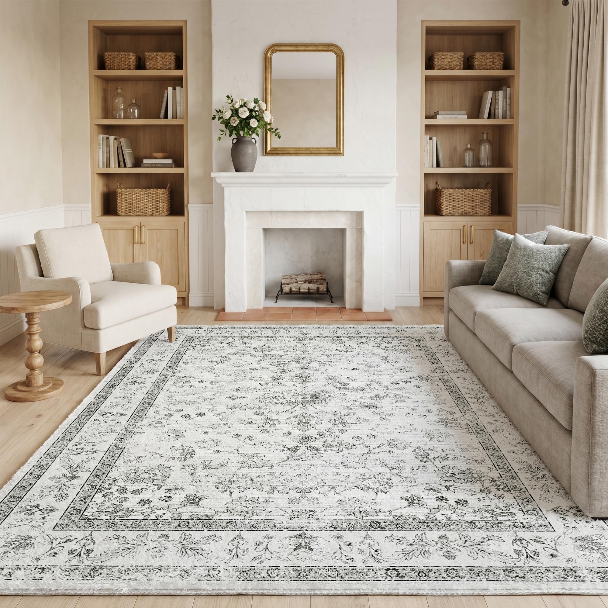 Cliporix 160 x 230cm Off-White Area Rug for Living Room, Machine Washable, Non-Slip Backing, Soft Low Pile, Faux Cashmere Boho Rugs, Large Rug for Bedroom, Dining Room, Home Office
