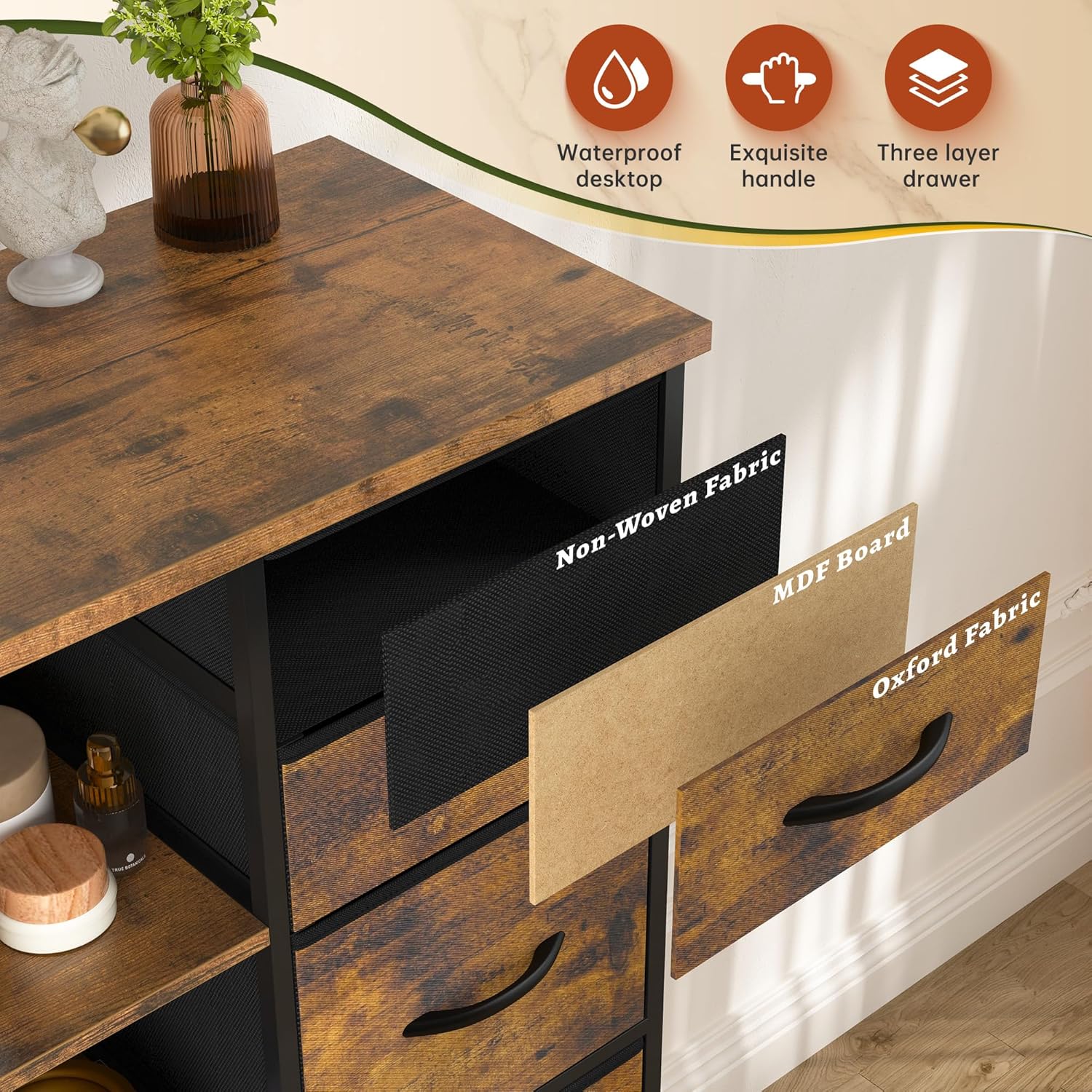 EnHomee 51" H Dresser with 15 Drawers Dresser for Bedroom with Charging Station & LED Lights & Hutch Sturdy Fabric Bedroom Dressers, Steel Frame, Wood Top, Rustic Brown, 51.2" H x 39.3" W x 11.8" D