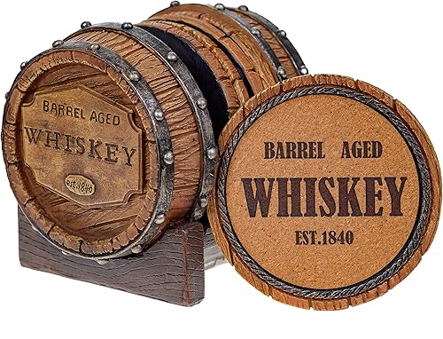Pine Ridge Juego de 5 posavasos de whisky envejecido 1840 con soporte, posavasos rústicos para mesa de whisky y sala de bourbon - Accesorios únicos