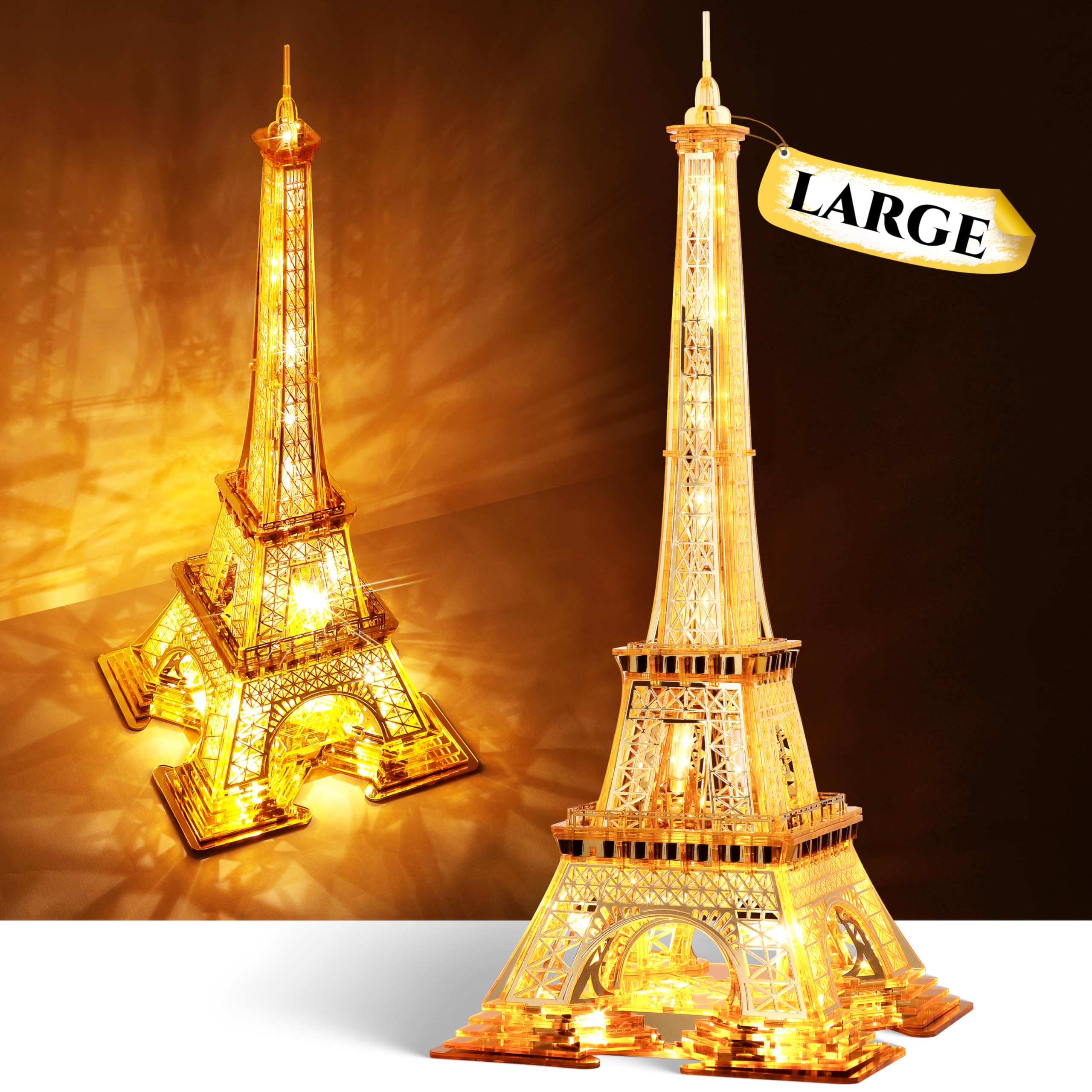 FUNPOLA LED 3D Puzzle Eiffel Tower Building Model - 3D Architecture Building Model - Landmark of Paris at Night - 3D Acrylic Puzzle Décor Lamp DIY Ornament Nightlight(Large,Gold)