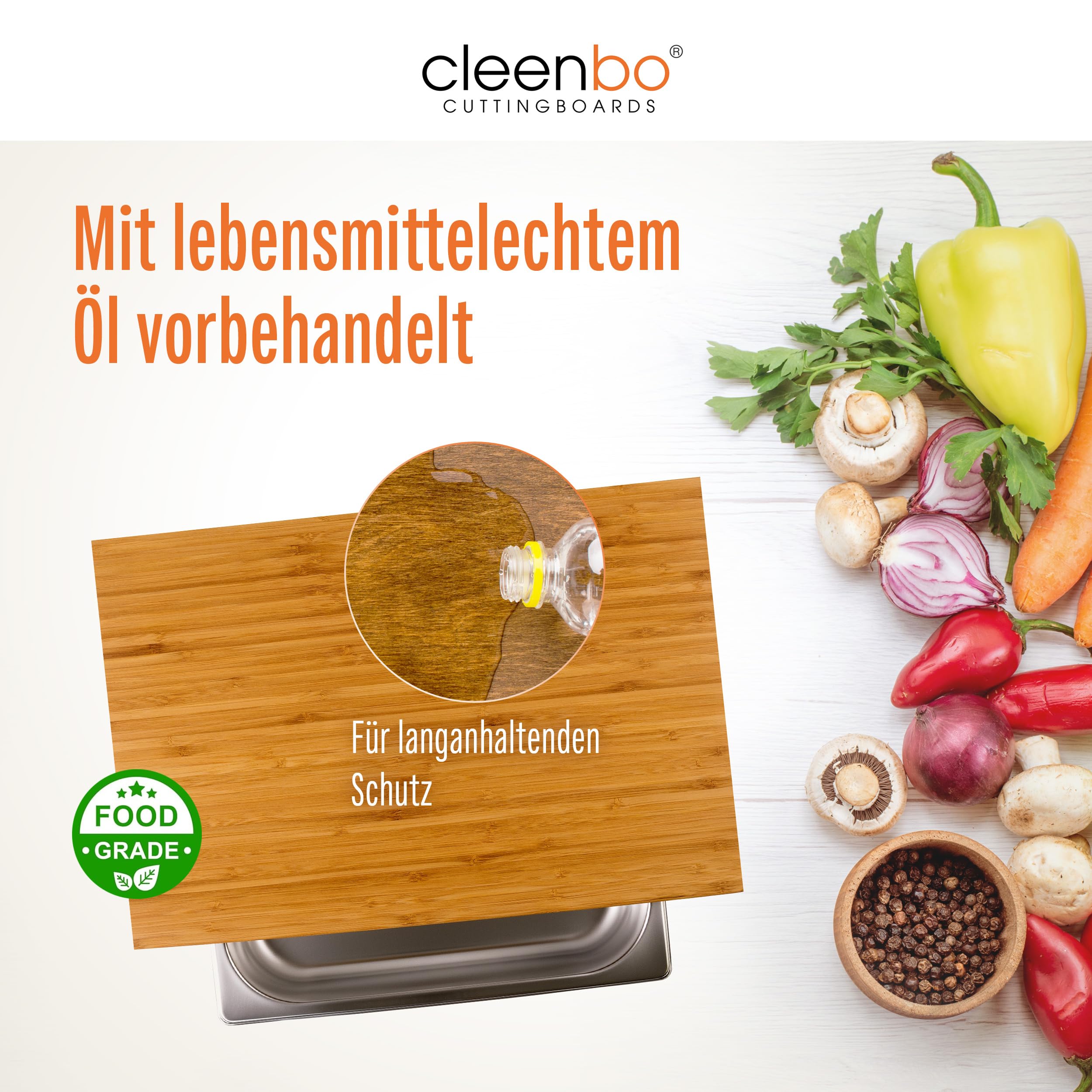 Schneidbrett mit Auffangschale "Classic bamboo GN" Profi Holz Küchenbrett aus geöltem Bambus, Schneidebrett mit Gastro Auffangbehälter (Edelstahl Schublade) Bambusbrett Maße: 43 x 29 x 7,5 cm