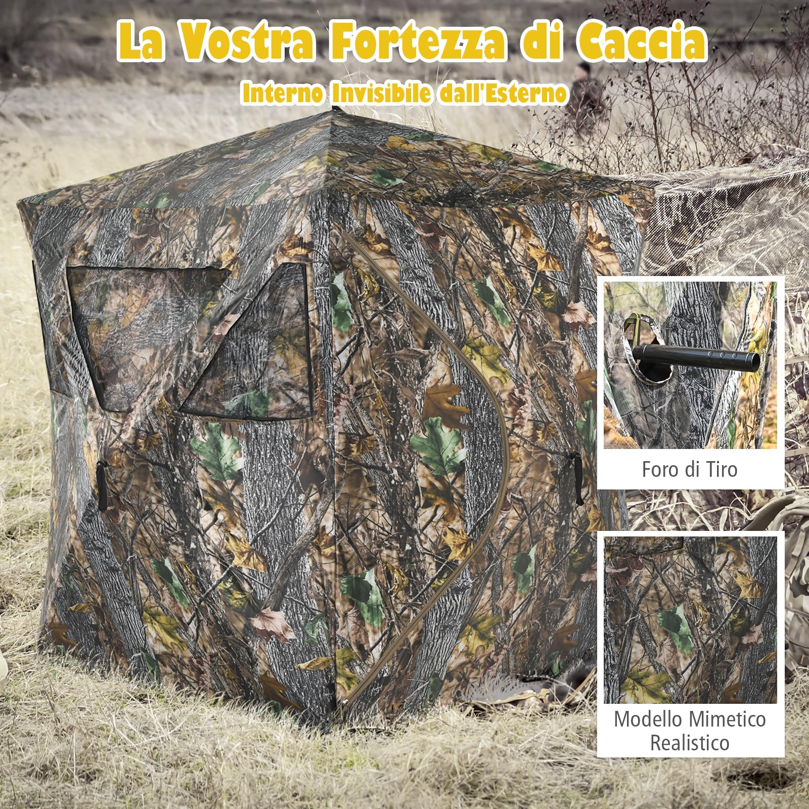 COSTWAY Tenda Portatile per Caccia con Finestre a Rete, Tenda a Terra Pieghevole per 3 Persone con Picchetti da Terra, Borsa per Trasporto