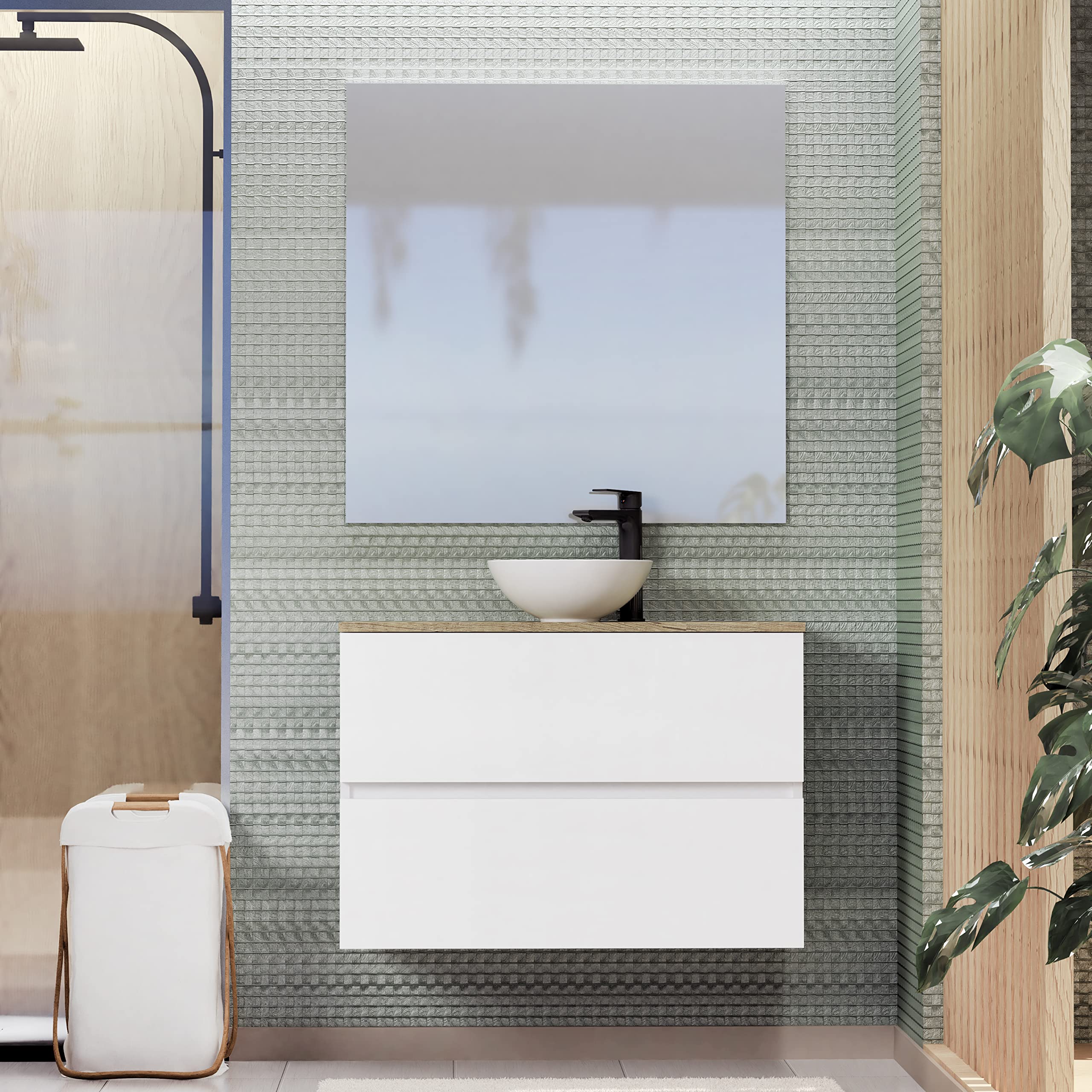 Baikal Conjunto de Mueble de Baño Ness, Especial para baños pequeños. Mueble de Fondo Reducido en 36cm, Incluye Lavabo Cerámico. Mueble MONTADO. Dos Cajones 80 cm Blanco