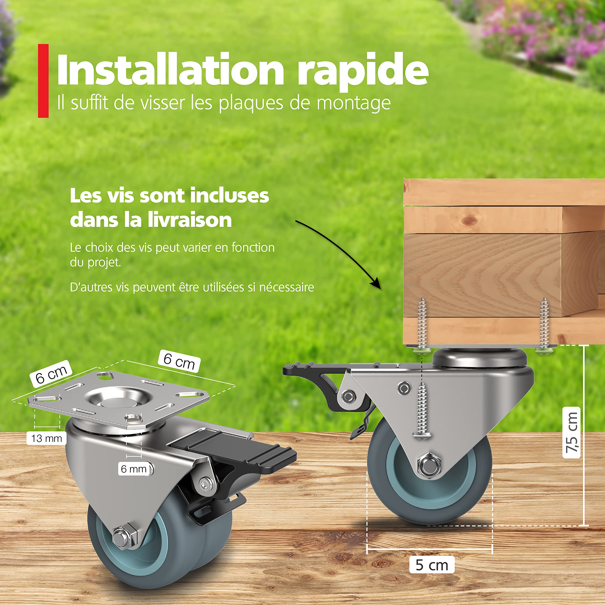 RAVN HAMAN Jeu de 4 Roulettes pour meubles 50 mm - Roulettes pivotantes avec frein jusqu'à 100 kg par roue - Roulettes charge lourde pour usage intérieur et extérieur - Roulettes industrielles