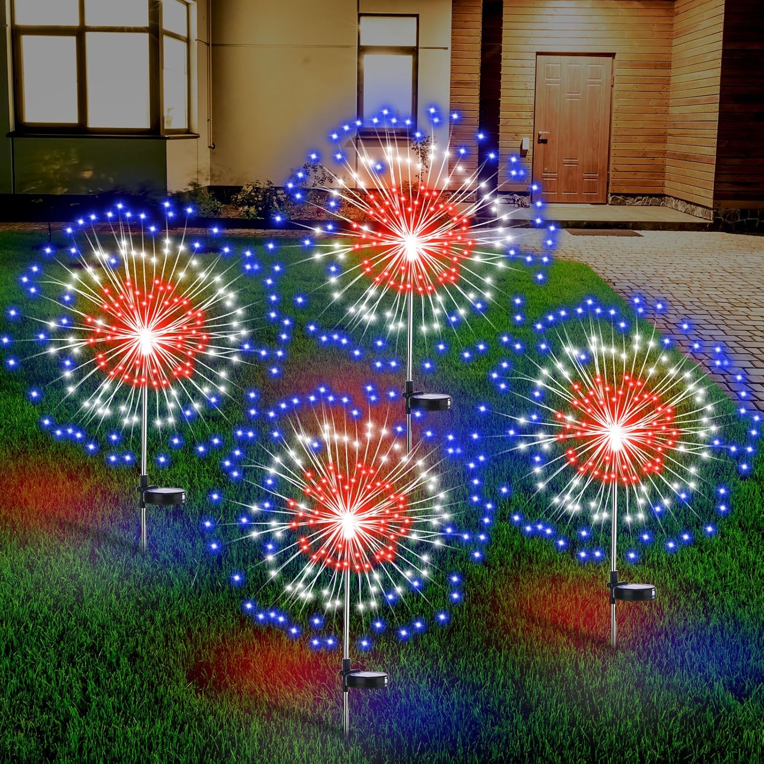4th of July Decorations Outdoor 4 Pack Colored Solar Firework Lights with 180 LED Patriotic Solar Lights 8 Lighting Modes for Yard Pathway Garden Patio Party Decorations(Red, White, Blue)
