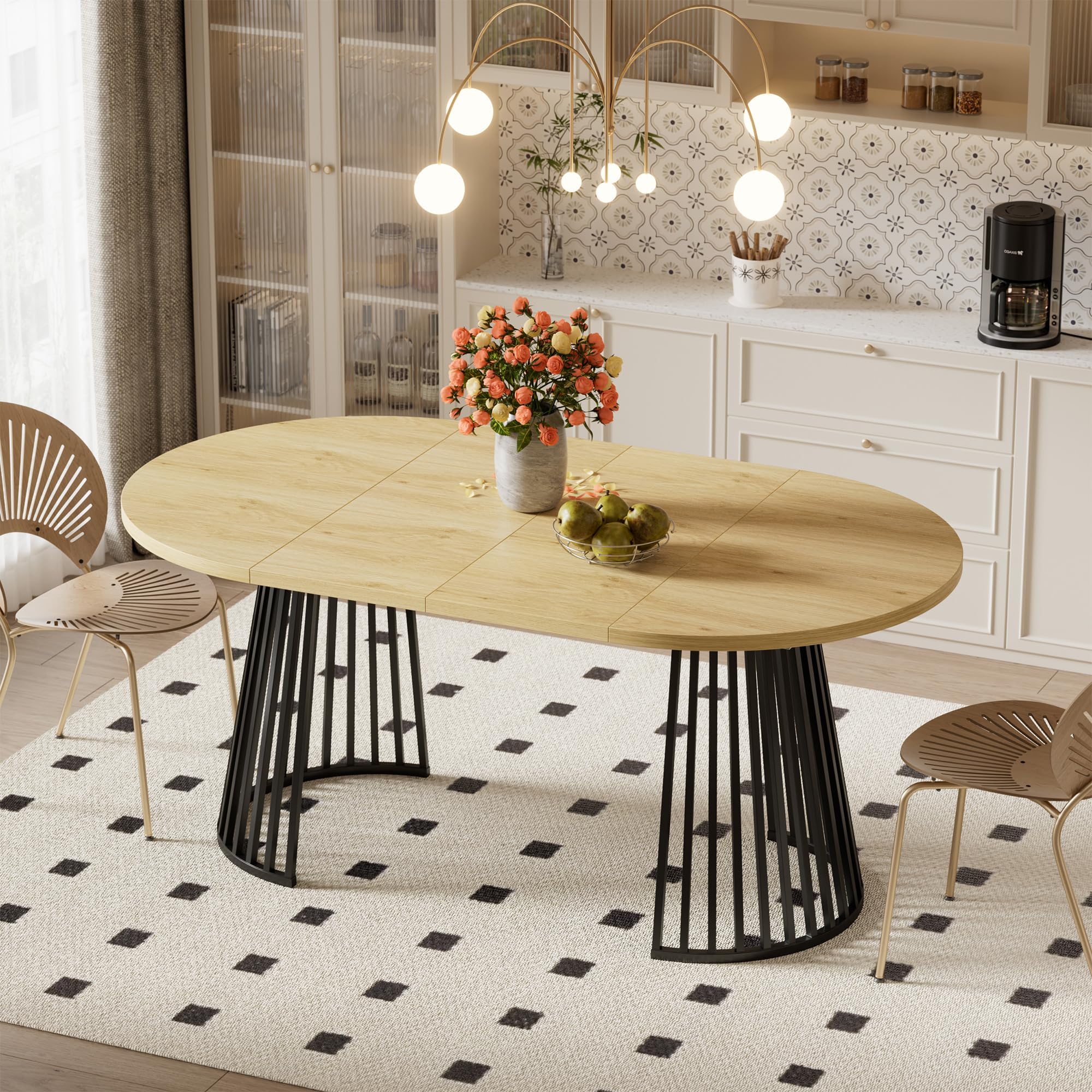Tavolo Allungabile Ovale,Tavolo da Pranzo Rotondo Allungabile Adatto per 4-8 Persone,Tavolo da Pranzo Rotondo in Legno con Gambe in Metallo per Cucina o Soggiorno,100-180x100x75CM,Spedito in 2 Pacchi