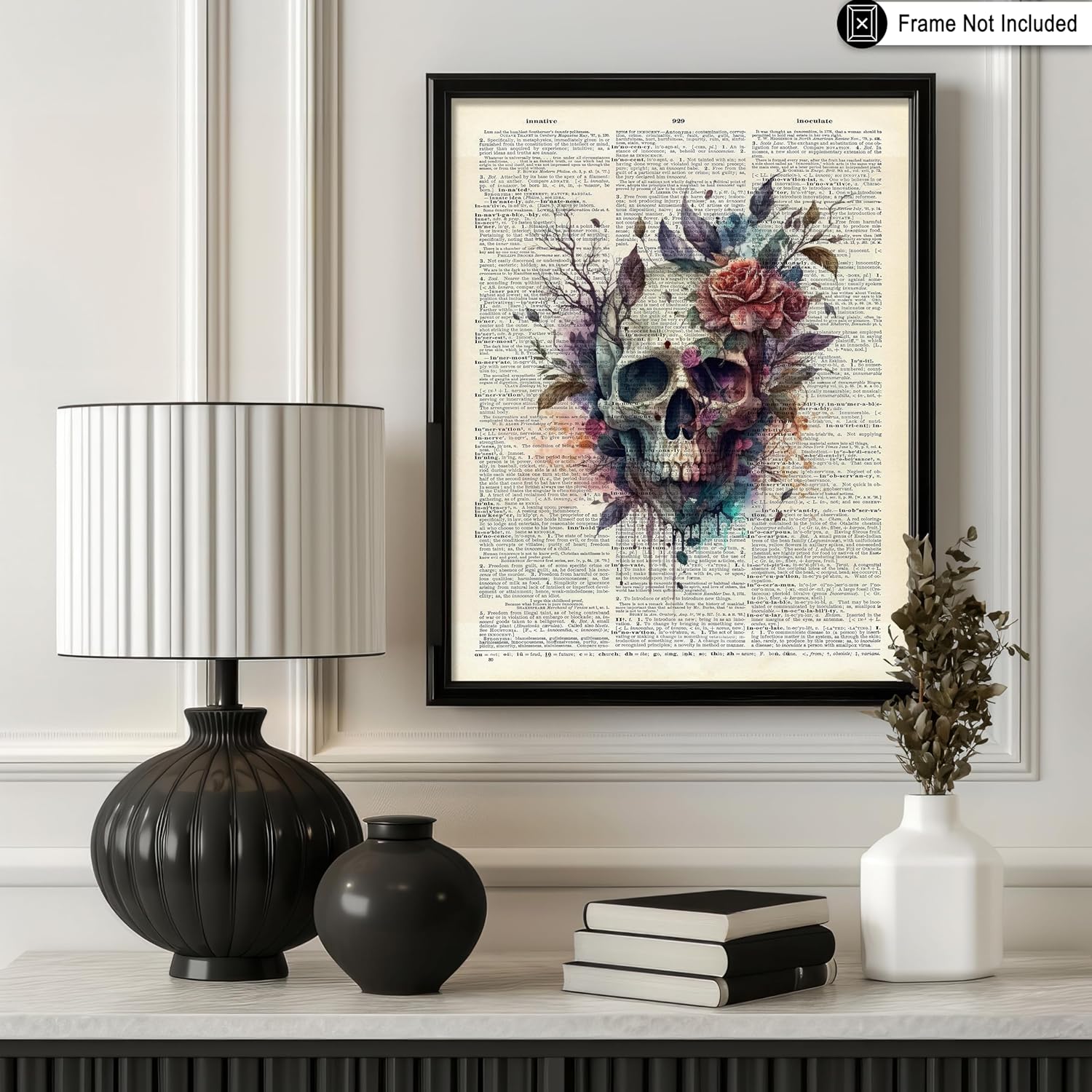 Poster Master Skull Print - Dictionary Poster - Skeleton Art - Watercolor Floral Wall Design - Gift for Men & Women - Gothic Decor for Bedroom, Dorm or Office - 16x20 UNFRAMED Wall Art
