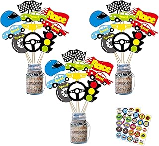 OSNIE 30Pcs Race Car Theme Centerpiece Sticks Table Cupcake Toppers with Stickers Checkered Party Decals Let's Go Racing T...