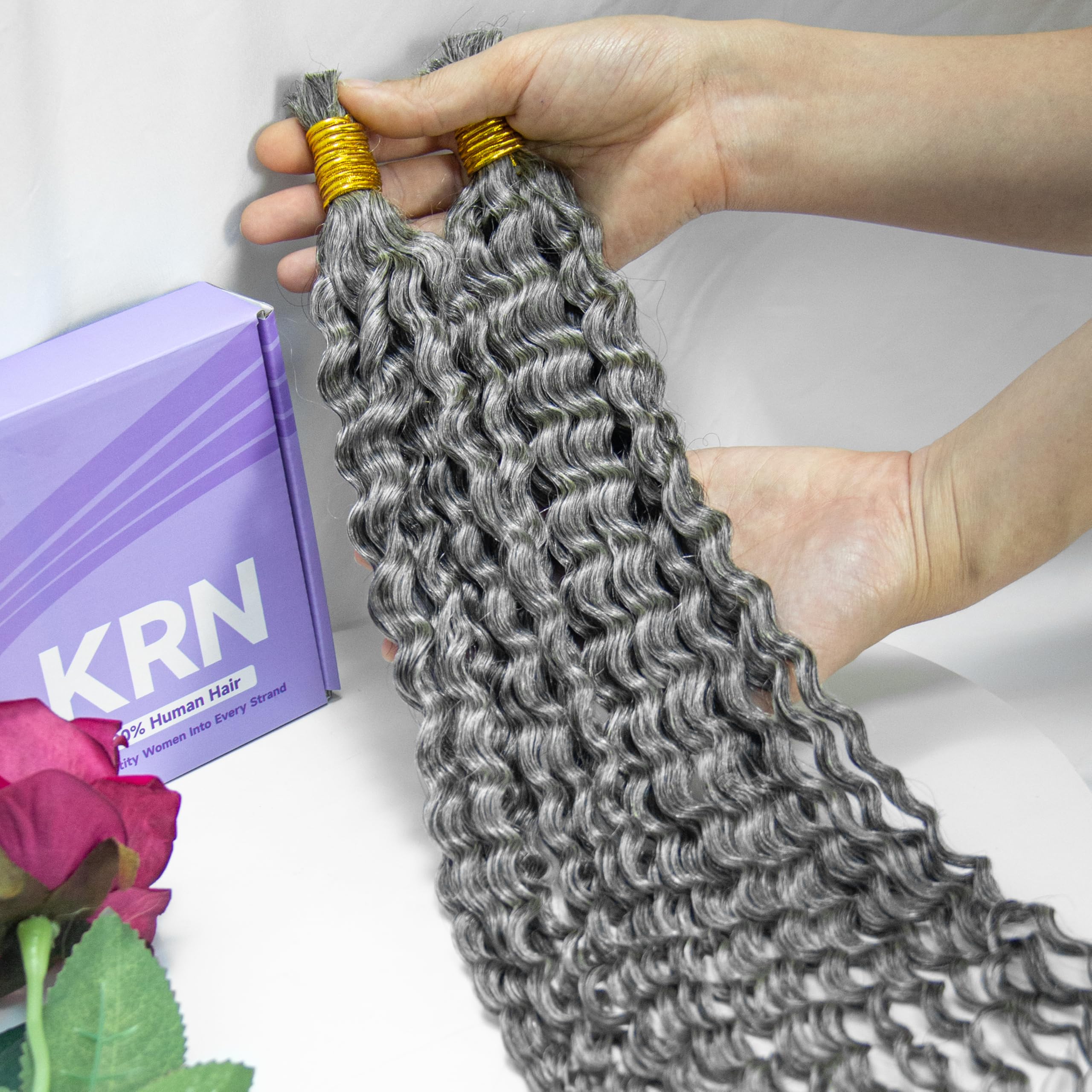 KRN Gray Human Hair Bundles Deep Curly 100g Grey Braiding Hair for Boho Braids 12A Salt And Pepper Wet and Wavy Bundles 20Inch #Grey Deep Curly 20 Inch