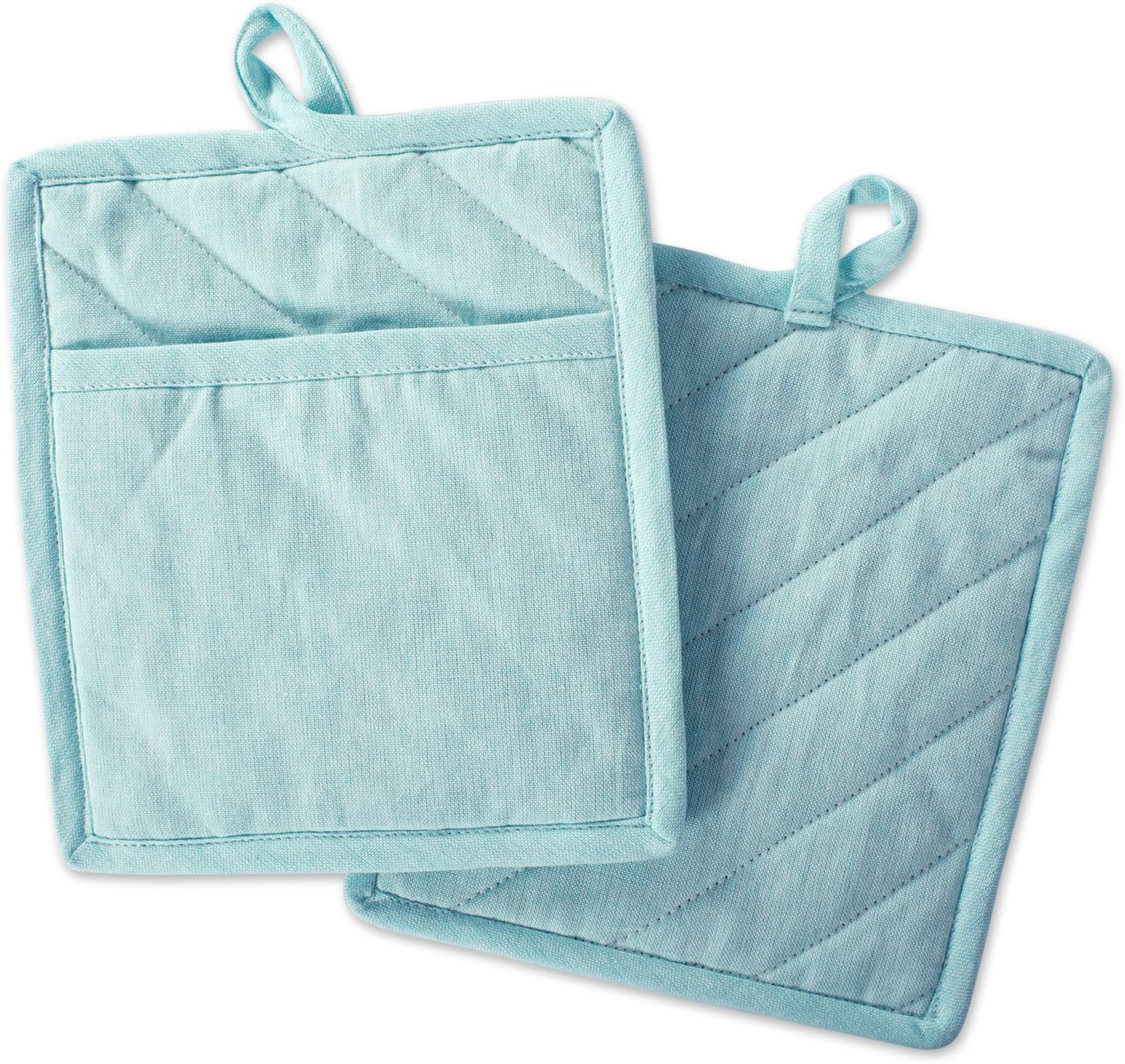 DII Cotton Chambray Pot Holders with Pocket, 9x8" Set of 2, Machine Washable and Heat Resistant Pocket Mitts for Kitchen Cooking and Baking-Aqua