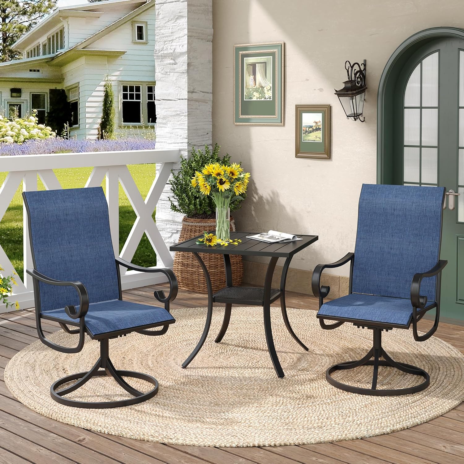 DIFY 5 Pieces Patio Dining Set, 40.2" Black Square Dining Table with Umbrella Hole and 4 Blue Swivel Patio Chairs, All Weather Metal Outdoor Dining Furniture Set for Lawn Garden Balcony