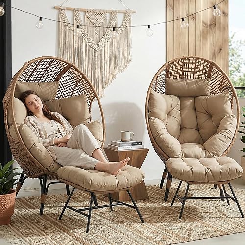 Miniatura 19 de NICESOUL Silla con forma de huevo de mimbre con otomano, silla de salón con cesta de huevo para interior y exterior con cojín, asiento de huevo