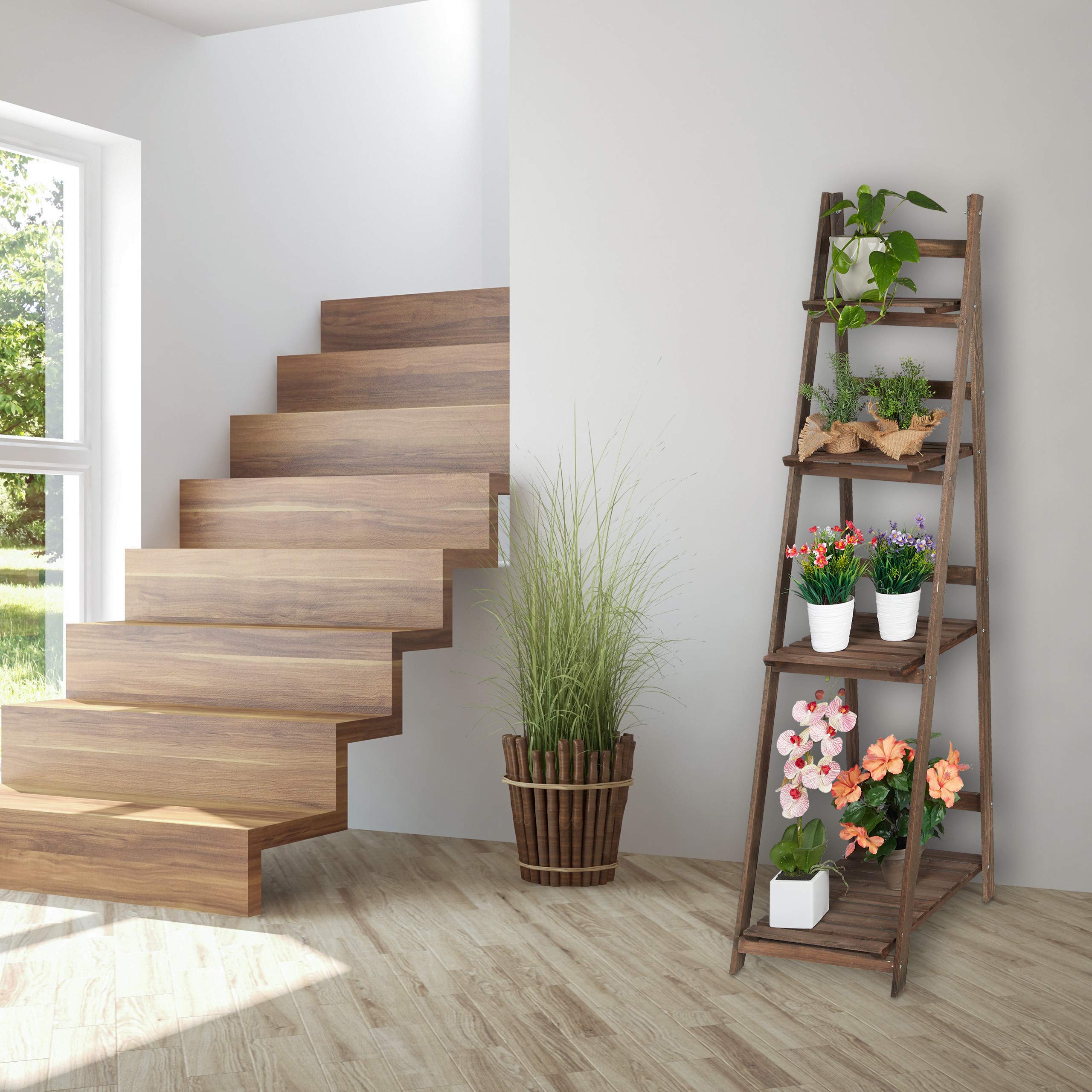 Relaxdays étagère escalier fleurs, 4 niveaux, escalier fleurs bois , pliable, échelle plantes, HlP:160x41x49cm, brun