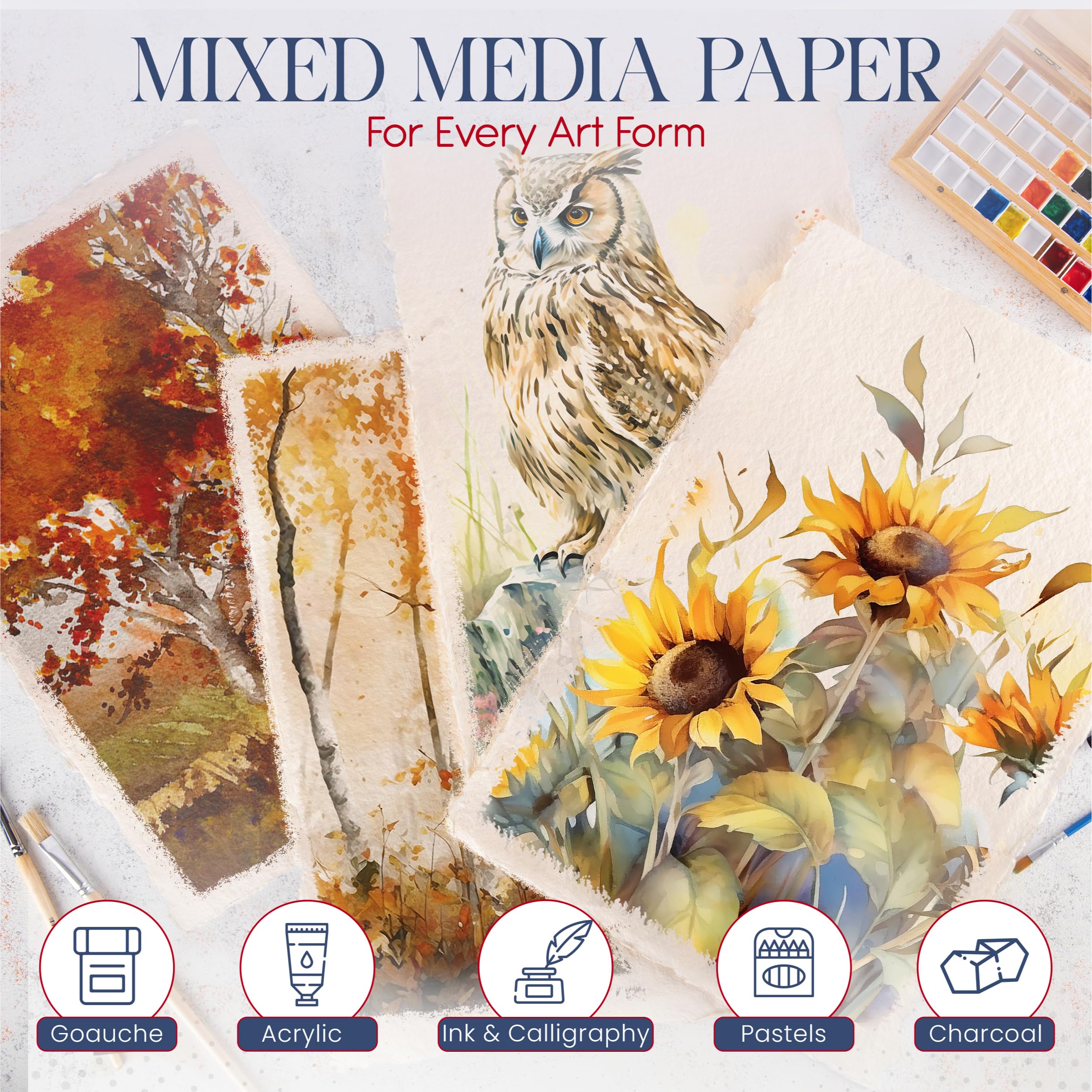 Wanderings Papier Aquarelle Épais Fait Main Avec Bords Frangés -28x43 cm- 500GSM, Papier Texturé Ivoire Premium Pressé à Froid Pour Techniques Mixtes, Fabriqué en Coton Recyclé - 15 Feuilles Détachées
