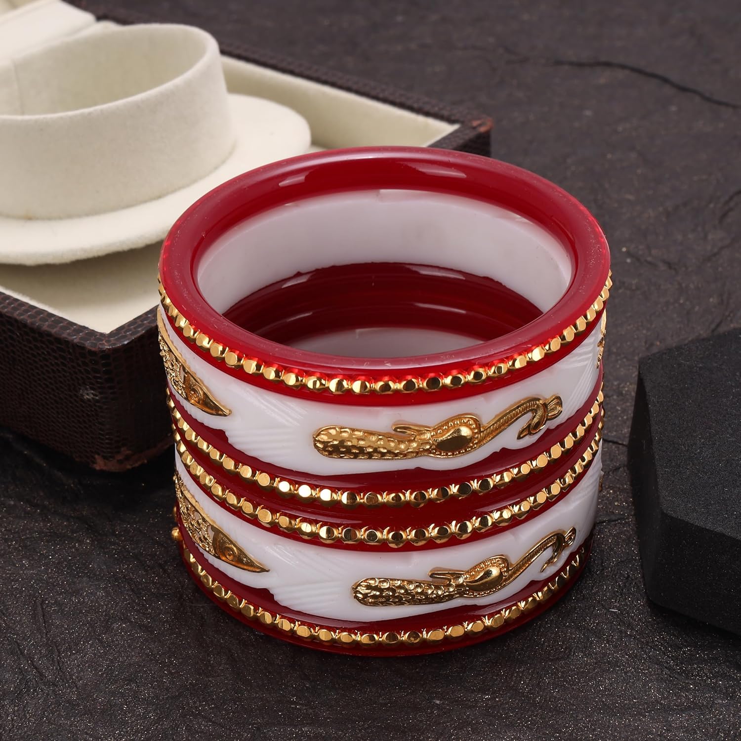 Meenakshi imitation Gold Plated Designer Shakha Pola Plastic Bangles Set Gift For Her Women Jewelry Handcrafted Bangle Bracelets Kangan (Set of 6, Red & White)