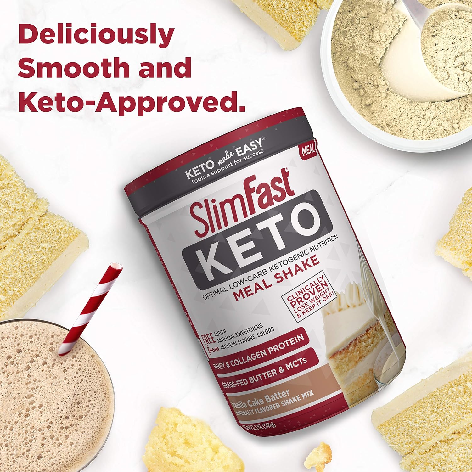 SlimFast Keto Meal Replacement Powder, Vanilla Cake Batter, Low Carb with Whey & Collagen Protein, 10 Servings : Grocery & Gourmet Food
