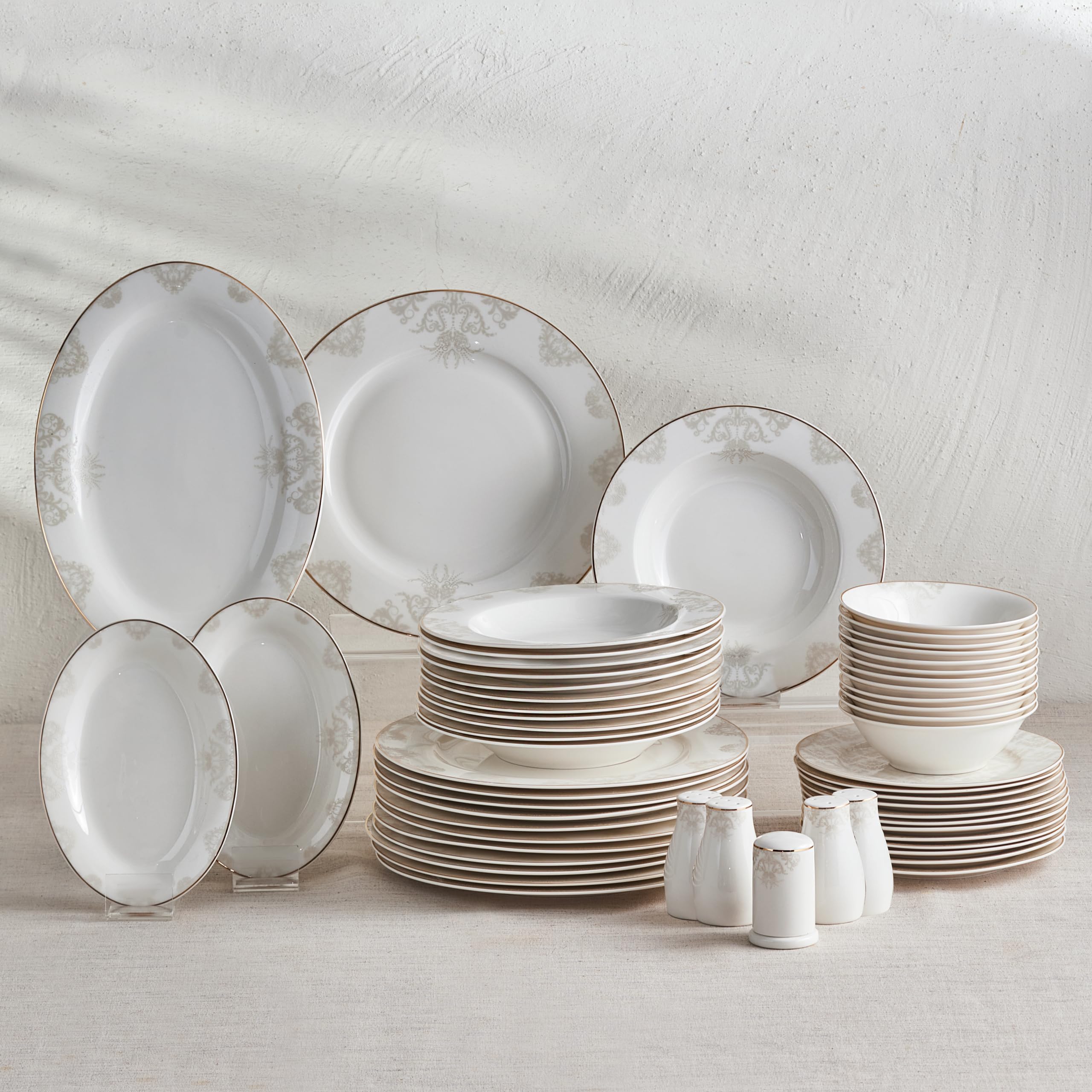 Service De Table Porland 18 Pièces Blanc - Porcelaine Ondulée Pour 6 Personnes - Assiettes Plates, Creuses Et Bols