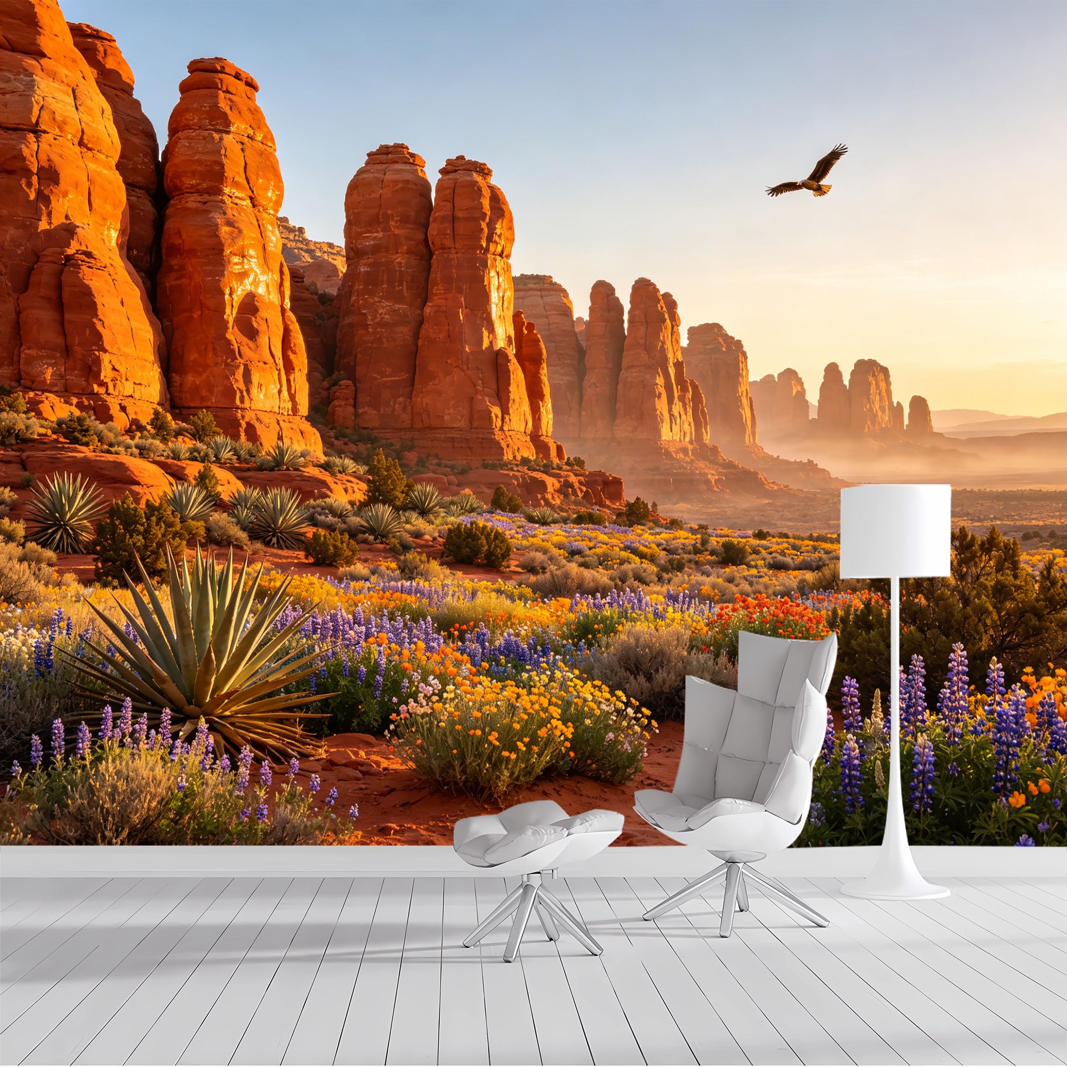 Custom Size Wall Mural Desert Landscape Eagle Flying Rocky Arches Wildflowers Botanical Watercolor SelfAdhesive Wall Fabric Removable Wallpaper for Living Room Bedroom Bathroom