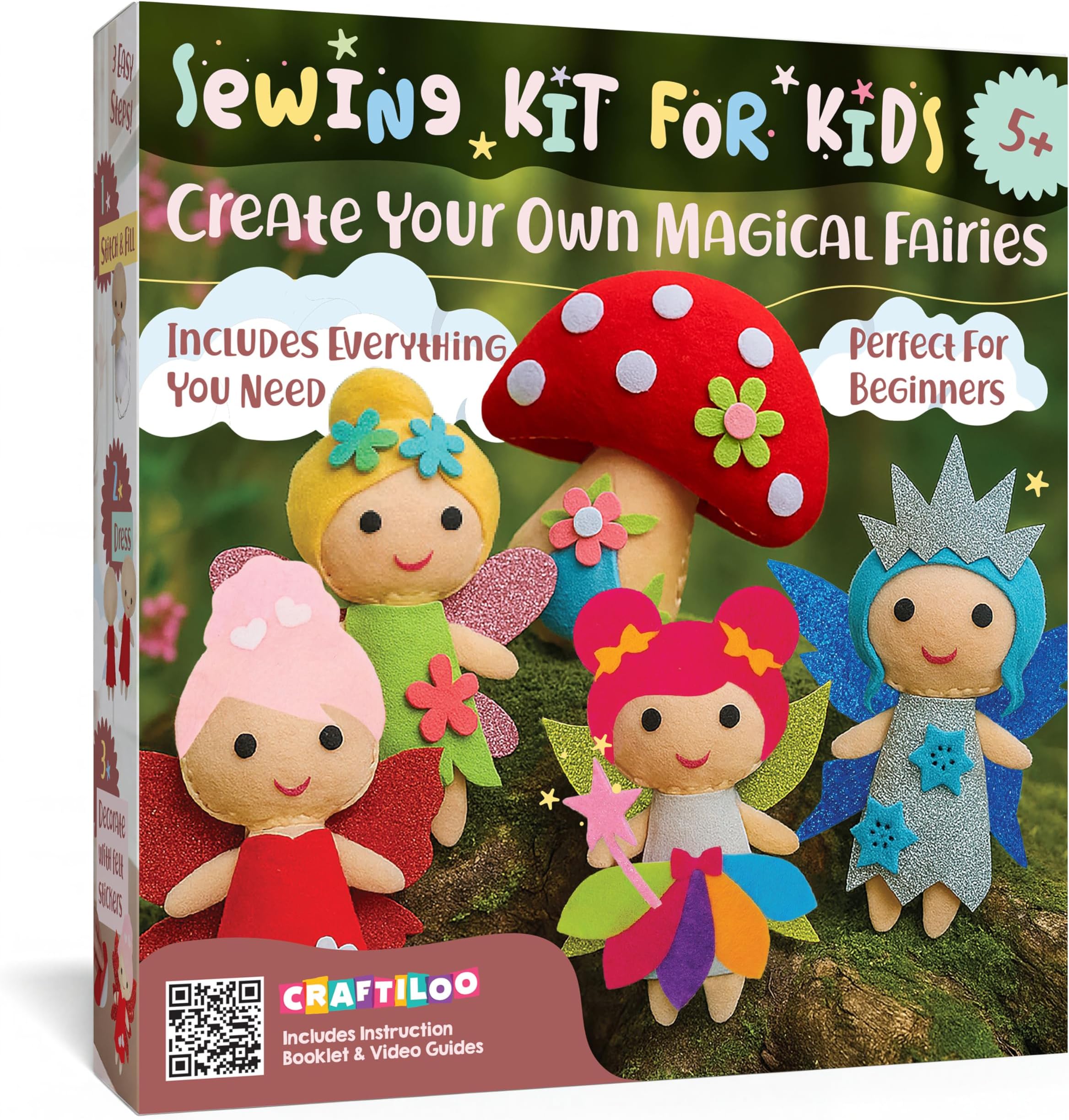 CRAFTILOO Fairy Sewing Kit for Kids Ages 5-12 โ Beginner Sewing Kit with 5 Pre-Cut Felt Projects โ Make Your Own Stuffed Animal Plush Dolls โ Fun Girls Craft Kit, Learn to Sew Gift for Kids