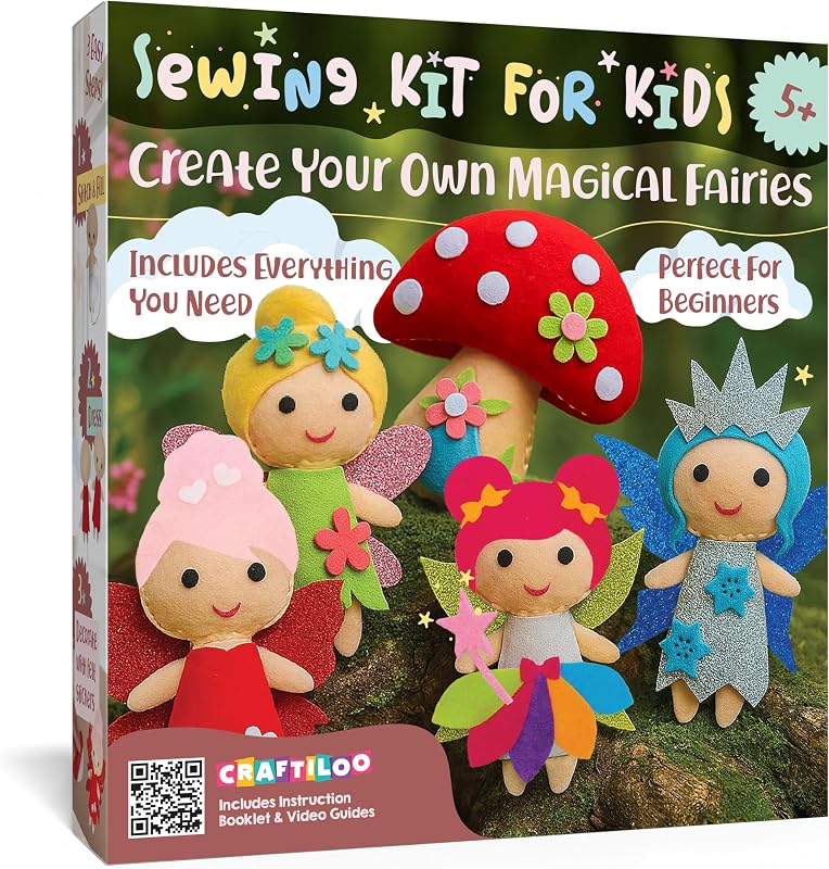 Kit de costura de hadas para niños de 5 a 12 años - Kit para principiantes, 5 muñecas de fieltro precortadas