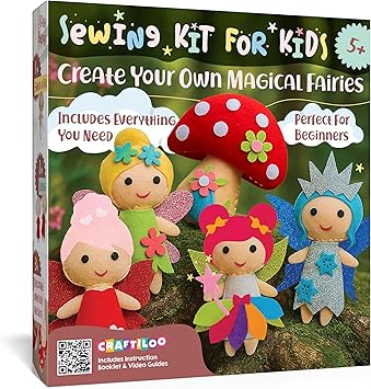 CRAFTILOO Fairy Sewing Kit for Kids Ages 5-12 – Beginner Sewing Kit with 5 Pre-Cut Felt Projects – Make Your Own Stuffed Animal Plush Dolls – Fun Girls Craft Kit, Learn to Sew Gift for Kids