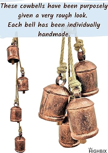 Miniatura 4 de HIGHBIX Harmony - 4 campanas de vaca en racimo en cuerda, grandes, rústicas, vintage, campanas de vaca de la suerte en cuerda para colgar en la