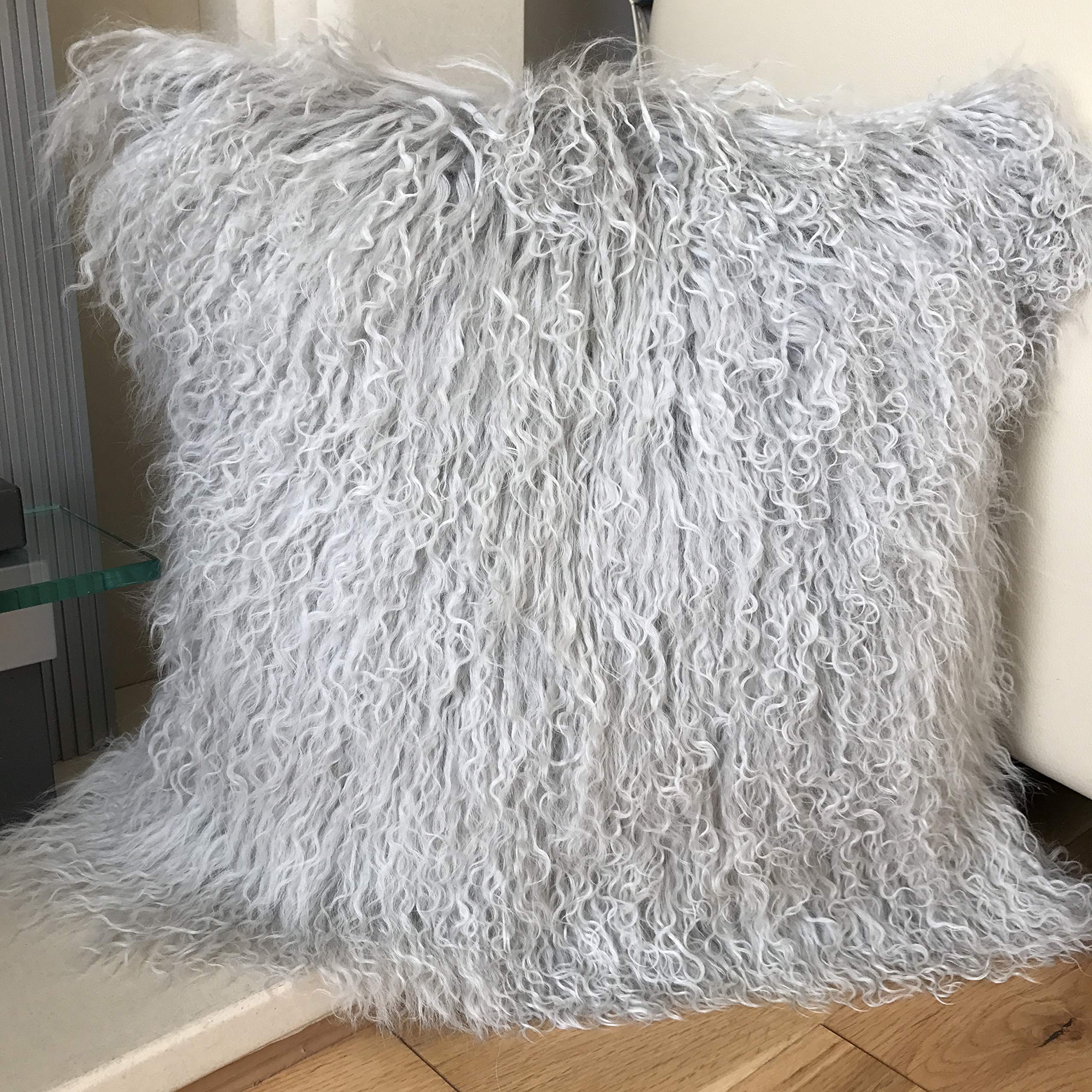 COSY Silver Grey 45x45cm Genuine Mongolian Sheepskin Lamb Wool Fur Cushion With Hollowfibre Pad