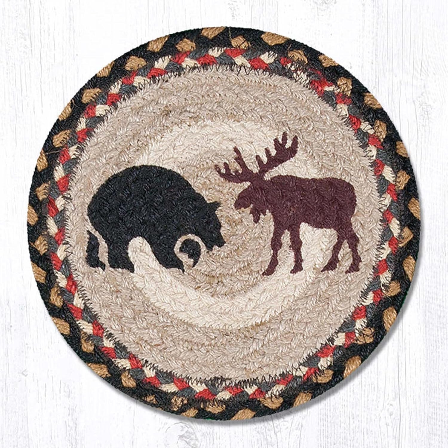 BLACK FOREST DECOR Moose & Bears Trivets Set of 3 – Rustic Lodge Braided Jute Heat-Resistant Table Mats – Handcrafted Durable Hot Pads – Woodland Kitchen Décor – 10” Diameter Each, Multicolor