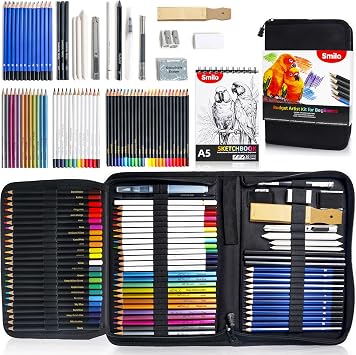 Smilo 76-Piece Professional Drawing Kit - Sketching Set with Graphite, Charcoal, Watercolor & Metallic Pencils, Art Knife, Sandpaper Block, Woodless Pencil in Travel Case for Adults & Beginners