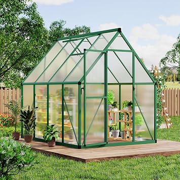 6x7 FT Outdoor Greenhouse, Polycarbonate Greenhouse with Roof Vent and Ground Nails, Aluminum Large Walk-in Green House w/ Lockable Push Door for Outside Garden Backyard Green, 6x7 FT