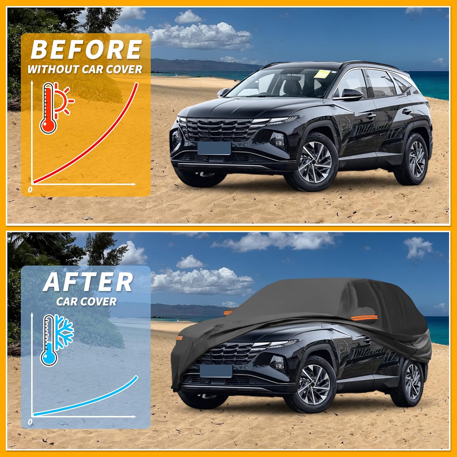 Car Cover Waterproof All Weather Sun Rain Protection Full Exterior Cover for Hyundai Tucson 190T-PU Black with Left Side Zippers