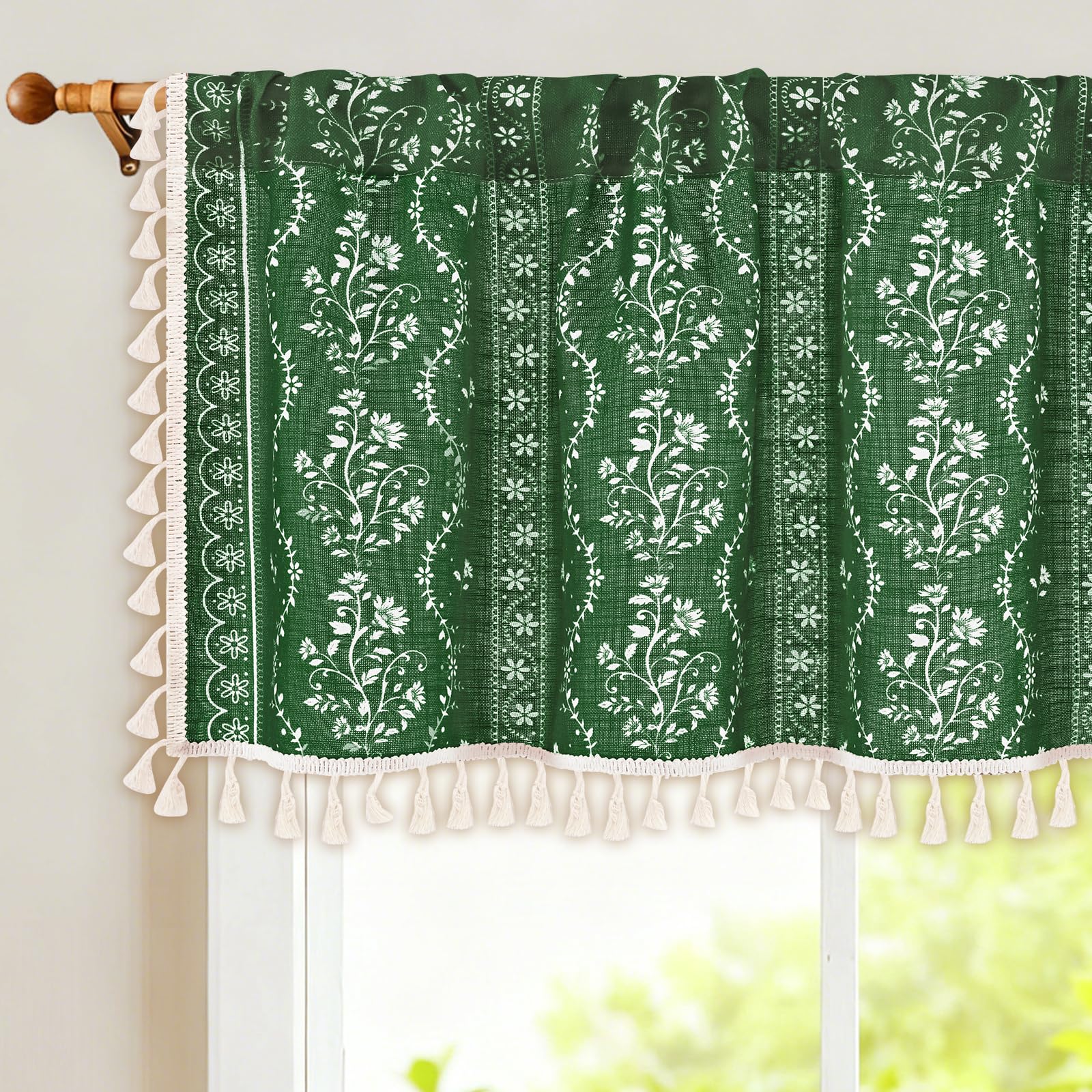 Yinhua Boho Valance Curtains Vintage Linen Kitchen Valances for Windows Light Filtering Bohemian Floral Valance Rod Pocket Tassel Window Valances for Bathroom Cafe, 52" W X 18" L, Olive Green