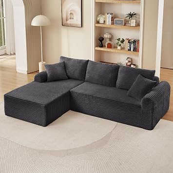 103 L-Shape Sectional Couch Cloud Couch, Boneless Sofa Couches for Living Room, Modular Sectional Sofa with Comfy Chaise, Corduroy Deep Seat Memory Foam Couches, Cloud Chaise Sofas, Dark Gray