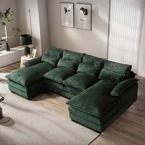 110" Modern U Shape Sectional Sofa Cloud Couch, Upholstery Chenille Fabric Modular Couch, Comfy 4 Seat Sleeper Sofa with Double Chaise for Living Room, Emerald Green