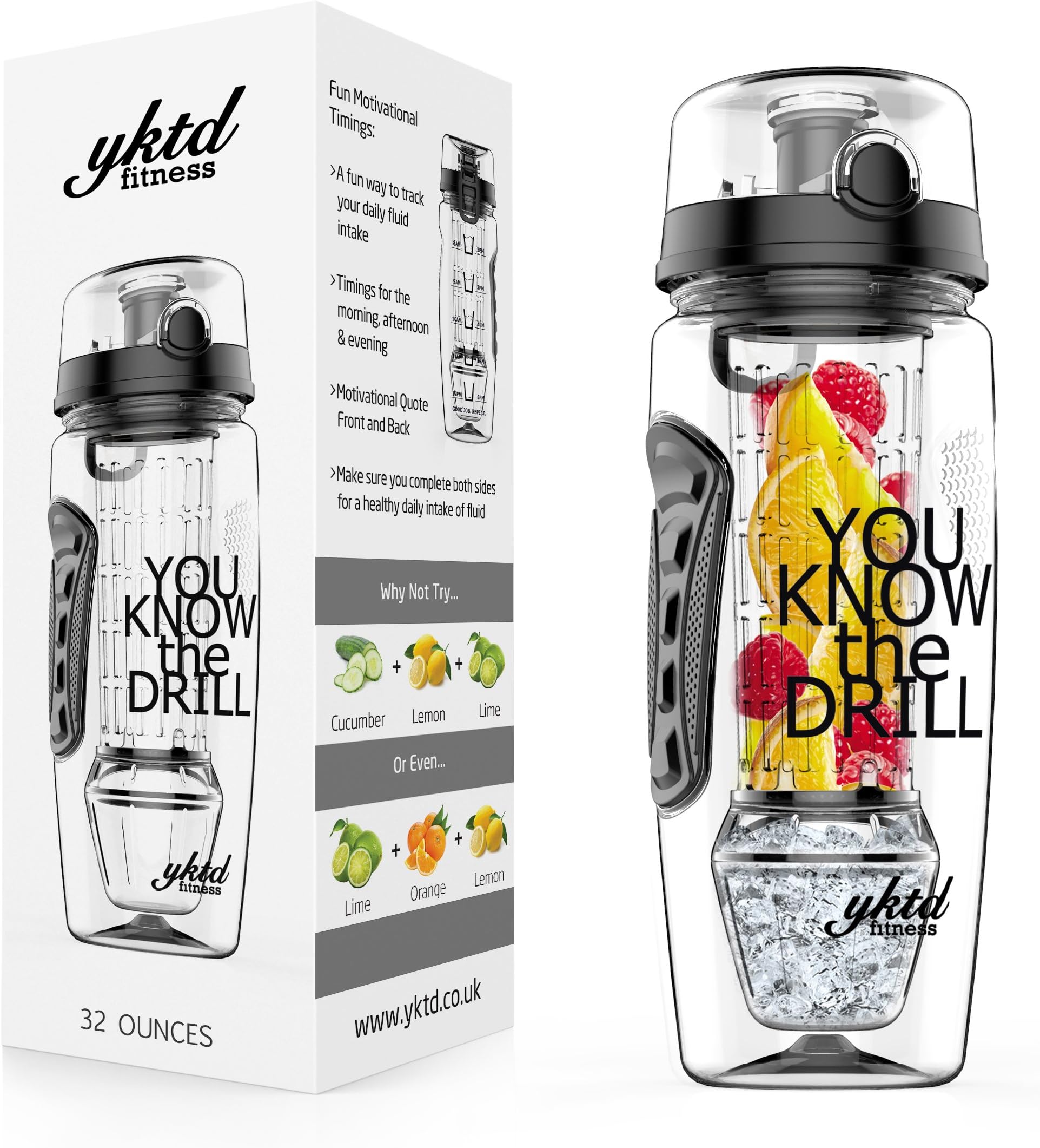 900ml Smart-Grip Infuser Water Bottle with Times ~ Hydration Tracking ~ Timed Infuser ~ Fitness, Health & Wellbeing