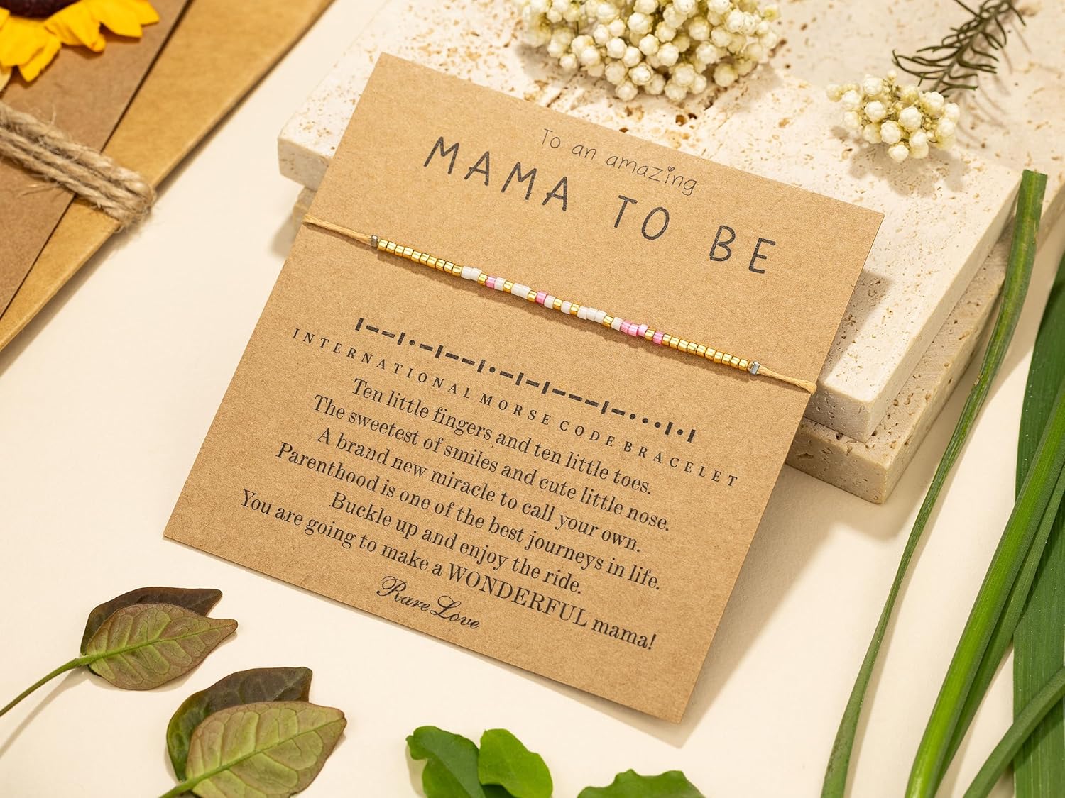 RareLove Mom to Be Gifts -First Mothers Day Gifts for New Mom Mama to be Morse Code Beaded Bracelets for Women Pink White Golden Pony Beads - Image 7