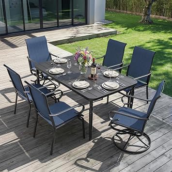 NUU GARDEN 7-Piece All-Weather Outdoor Dining Set with Umbrella Hole, Wood-Grain Table & 6 Patio Textilene Swivel Chairs Patio Outdoor Furniture for Porch, Backyard, Garden, Poolside and Deck