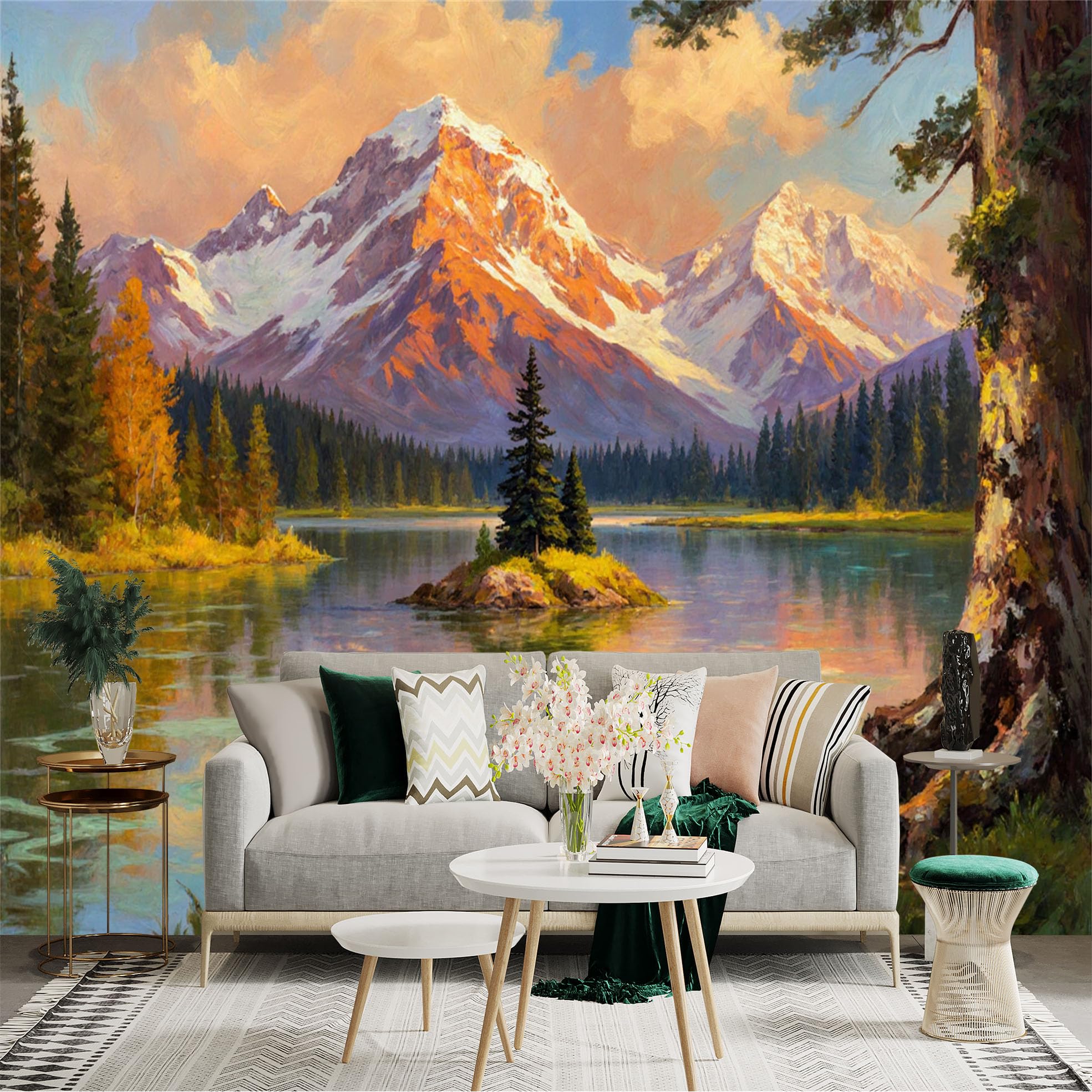 Custom Size Wall Sticker Mural， Majestic Snow Capped Peaks， Golden Sunset Lake View， Pine Forest Scenery， Nature Oil Painting Art， for wall Decoration， peelandstick wall Decals.