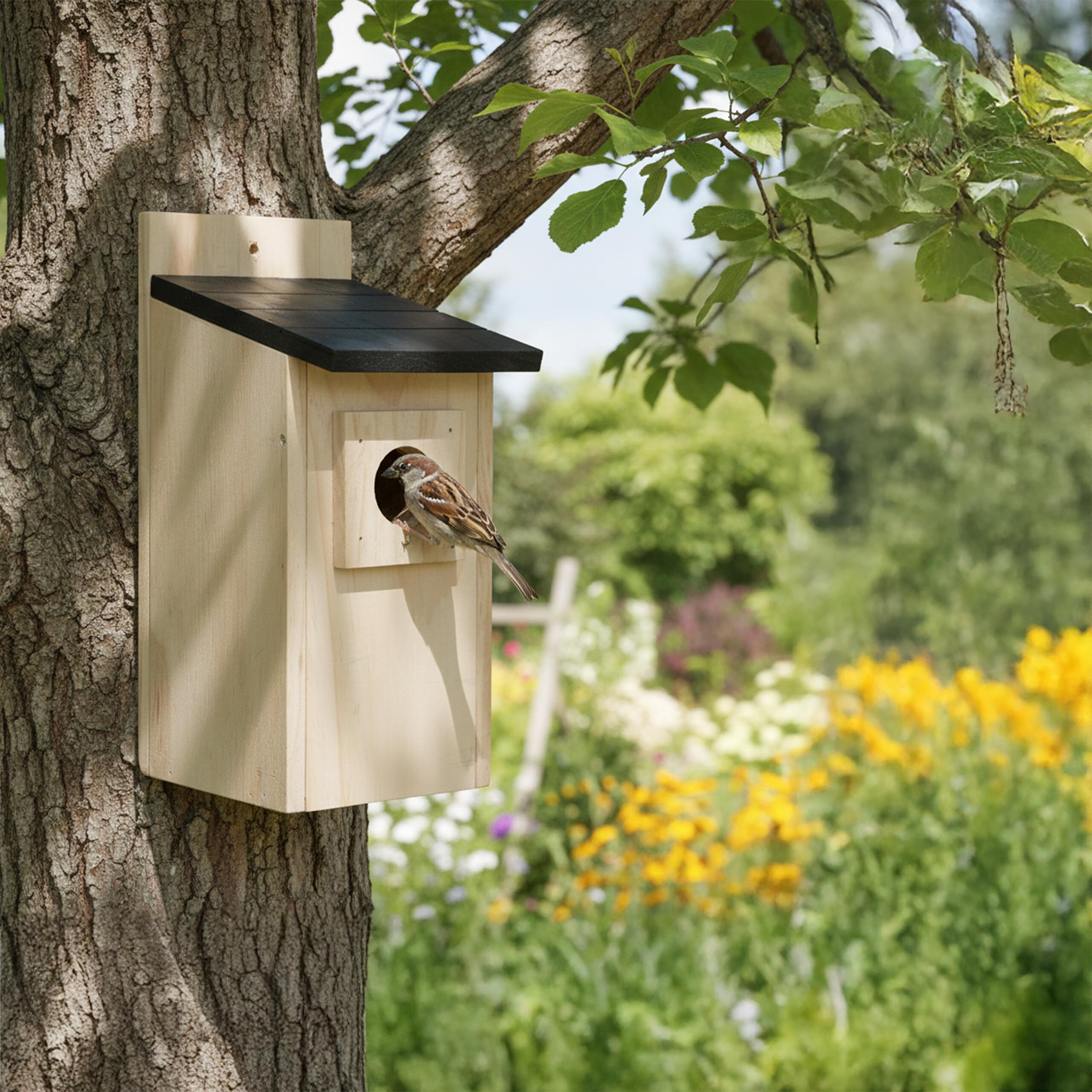 Relaxdays Nichoir pour moineaux et mésanges en pin, Trappe, Suspendre, 27×16×12 cm, Naturel