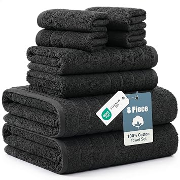 Casa Platino Bathroom Towel Set 8 Piece Soft Absorbent Quick Dry - Black