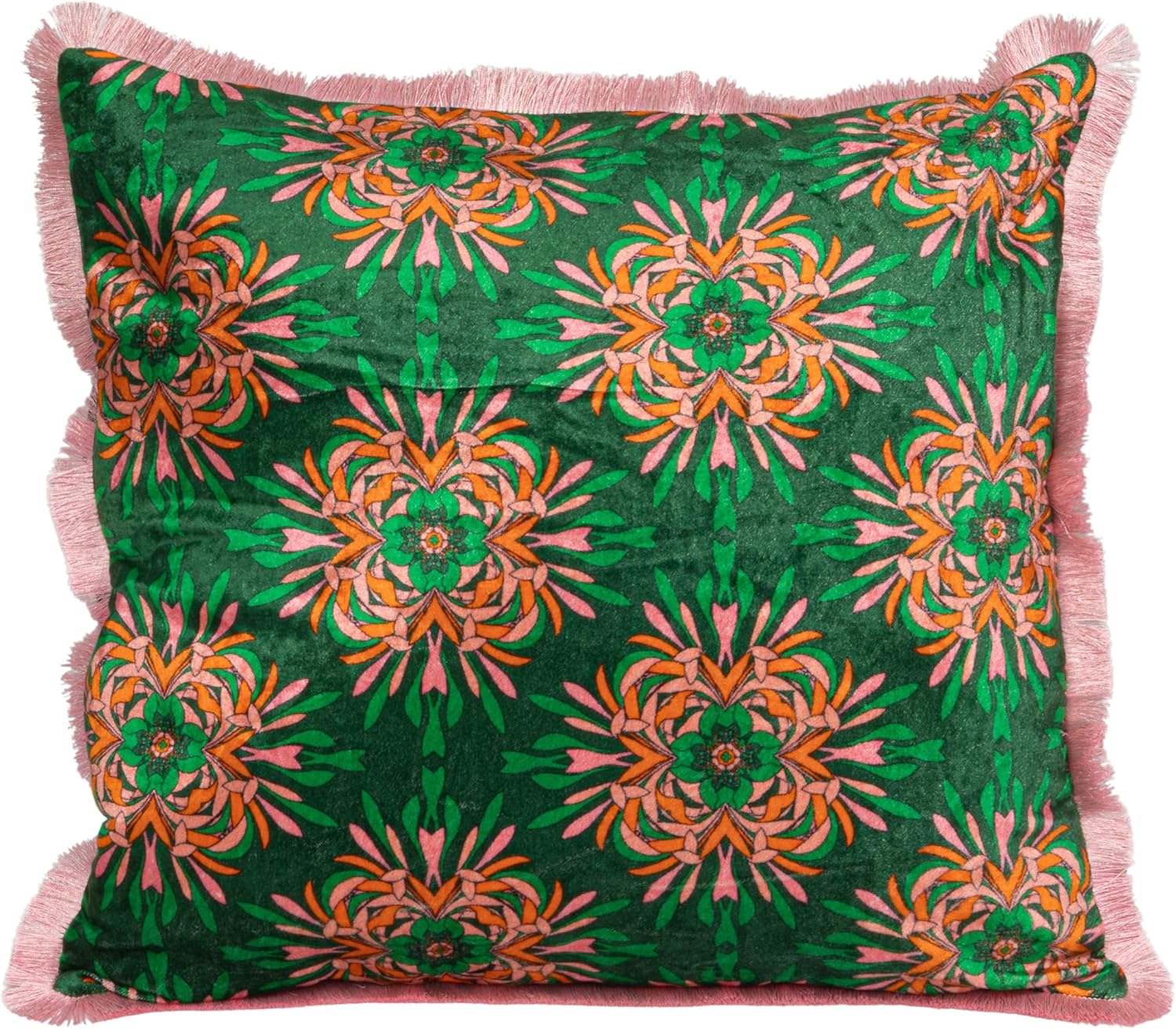 Creative Co-Op, Green, Cotton Blend Velvet Printed Pillow with Floral Pattern and Eyelash Fringe, Pink and Orange Color, Square