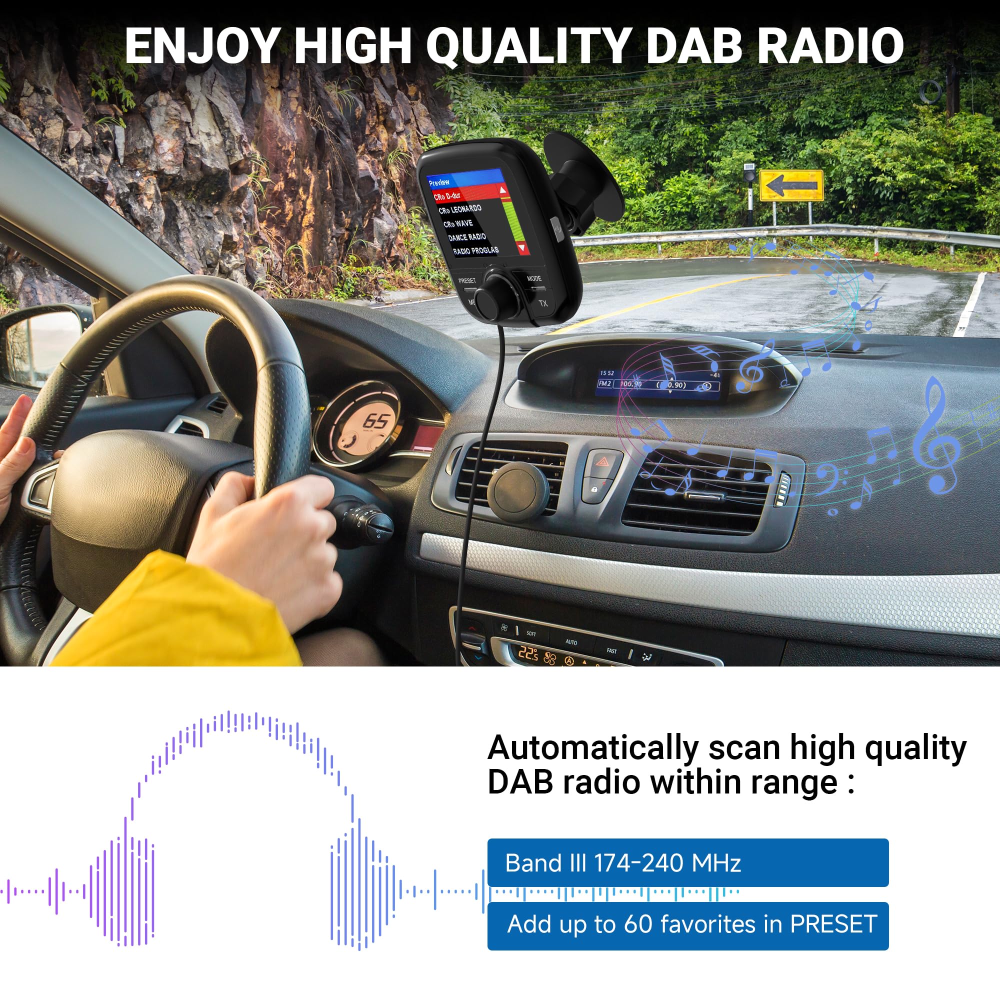 Tin-Nik DAB-389N DAB Adapter für Autoradio, FM-Transmitter für DAB+ Sender und Bluetooth-Verbindung vom Smartphone zum UKW-Radio, Bluetooth- Freisprechen und Musik