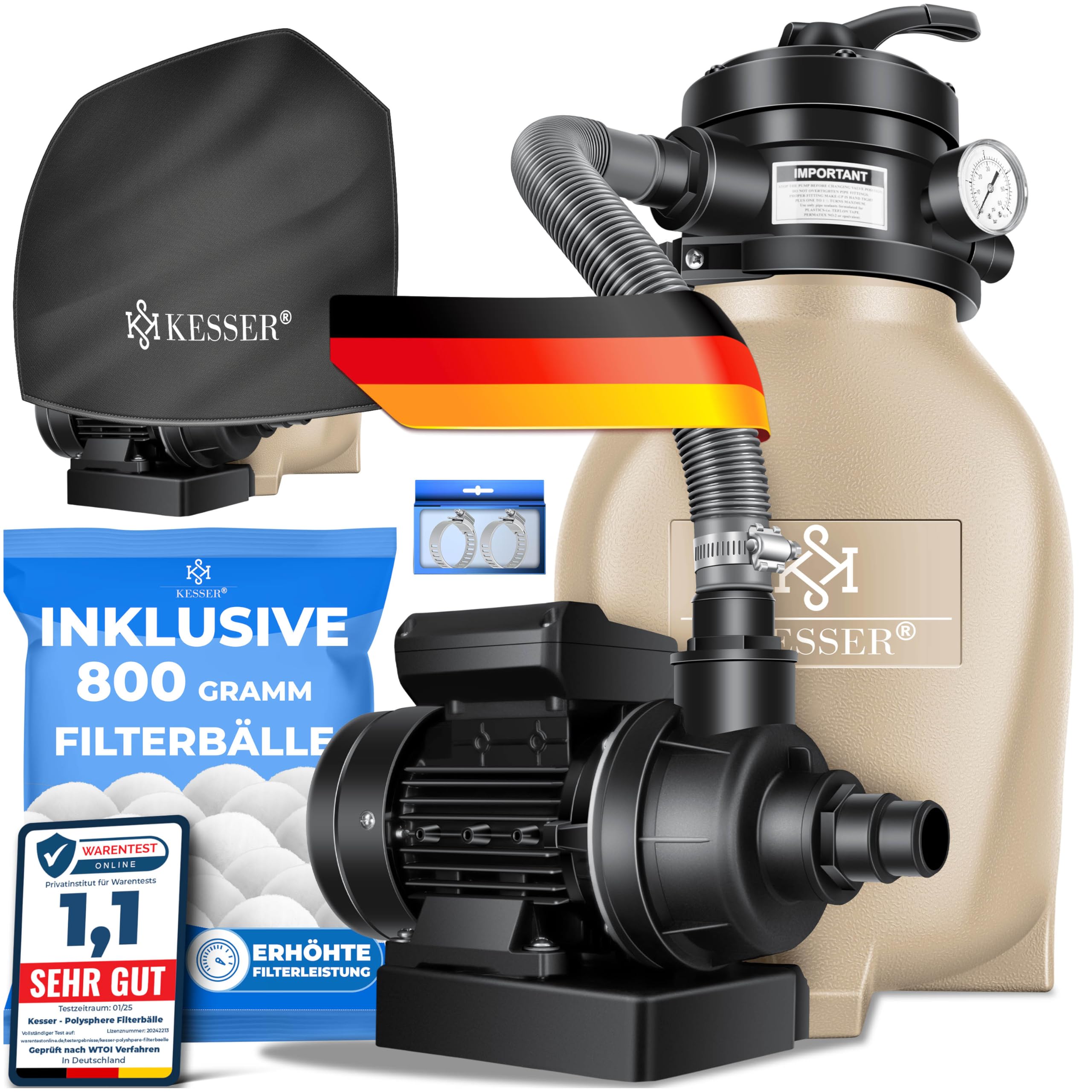 KESSER® Sandfilter Sandfilteranlage + 800g Filterbälle ersetzen 25kg Filtersand-Poolfilter 10 m³/h Filteranlage Filterkessel für Pool Schwimmbecken 4-Wege Ventil, einfache Steuerung, Inkl. Cover,Sand