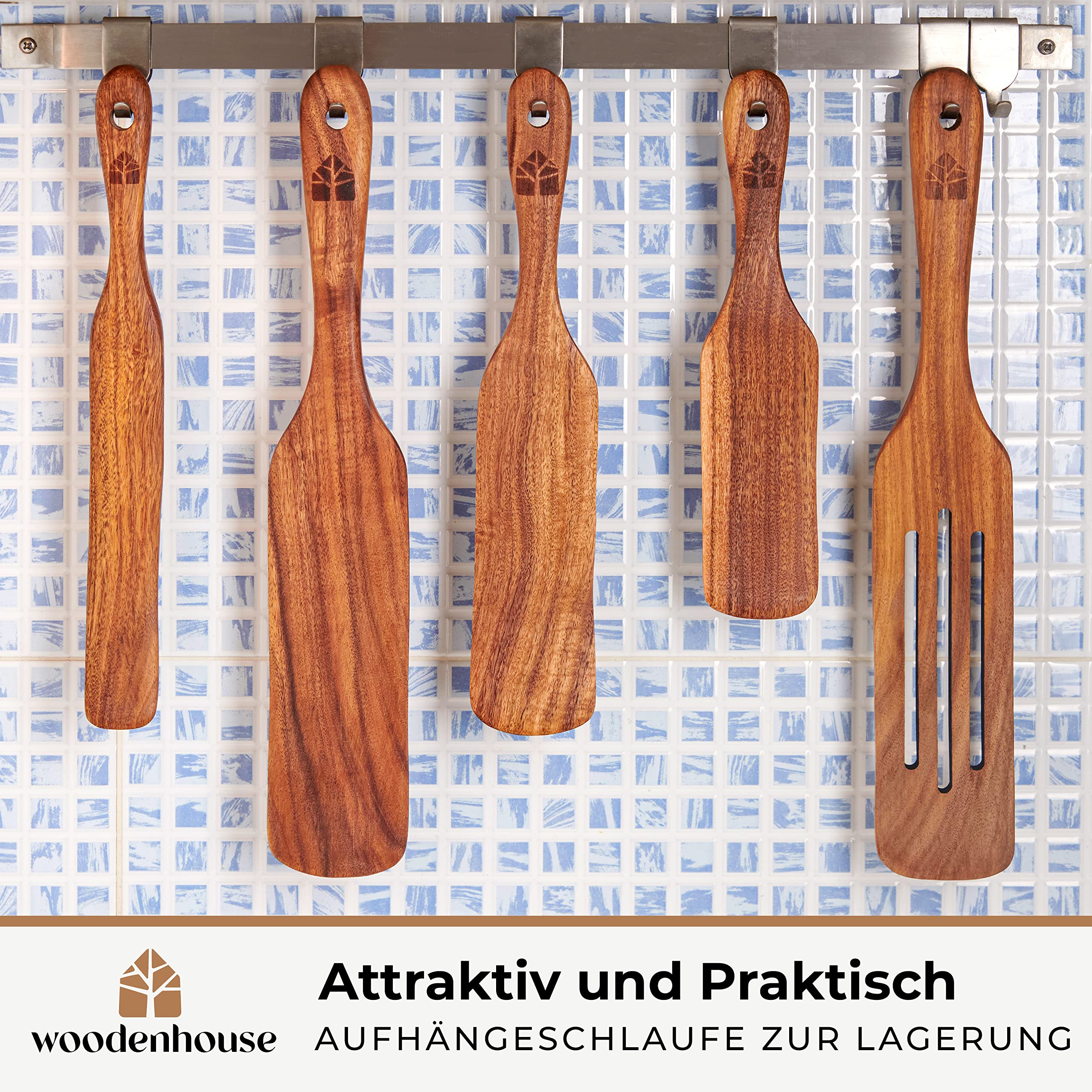 Holzspurtle Set, Teak Spurtles Küchenwerkzeuge, Holzspatel zum Kochen, Holzutensilien Set von 5, Antihaft-Kochgeschirr zum Servieren, Rühren, Mischen, Schaben, Schaufeln, gesund und hitzebeständig | Antihaft-Küchenwerkzeug zum Servieren, Rühren, Mischen,