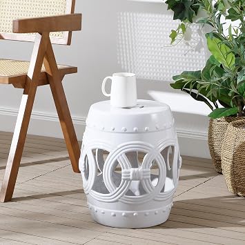 Eyely LBT1022A Lucky Coins 16" Chinese Ceramic Drum Garden Stool, White for Bohemian, Coastal, Classic, Cottage, French Country, Traditional, Transitional